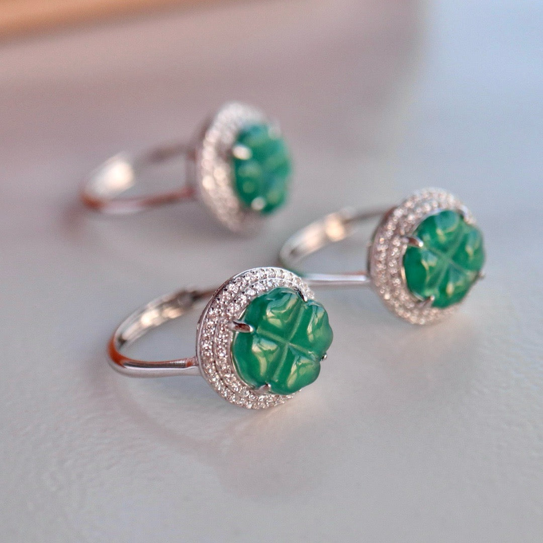 Natural Chrysoprasus Ring Big four Leaf clover shape