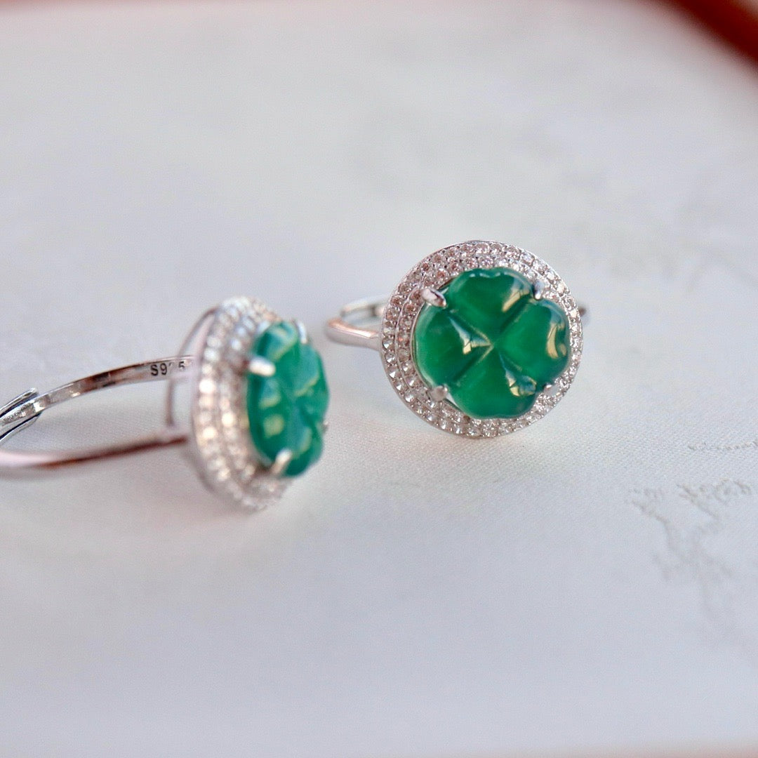 Natural Chrysoprasus Ring Big four Leaf clover shape
