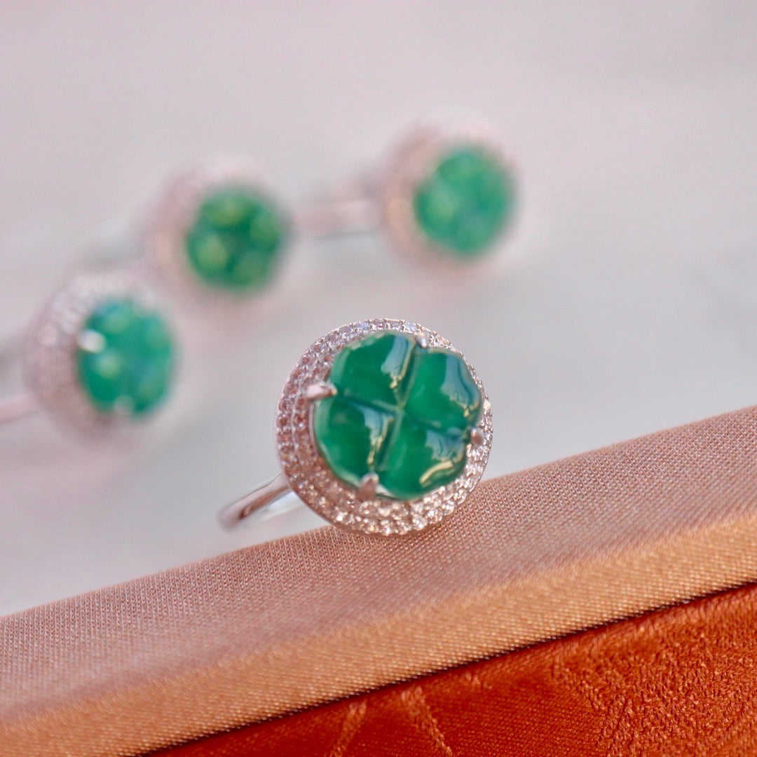 Natural Chrysoprasus Ring Big four Leaf clover shape