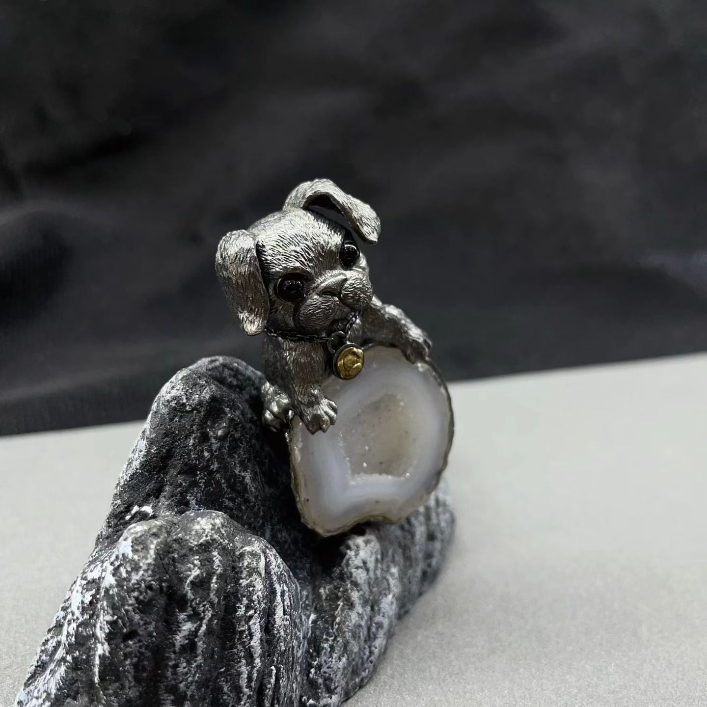 One‑of‑a‑Kind Hand‑sculpted Puppy Agate Geode Pendant | Solid Antiqued Sterling‑Silver Unisex Pendant with Tiny Gold Bell