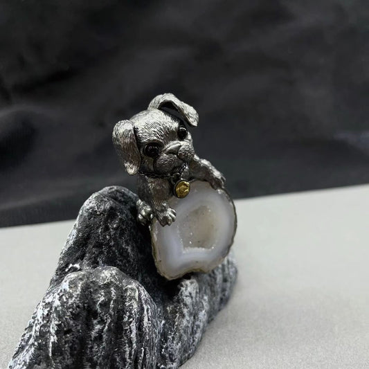 One‑of‑a‑Kind Hand‑sculpted Puppy Agate Geode Pendant | Solid Antiqued Sterling‑Silver Unisex Pendant with Tiny Gold Bell