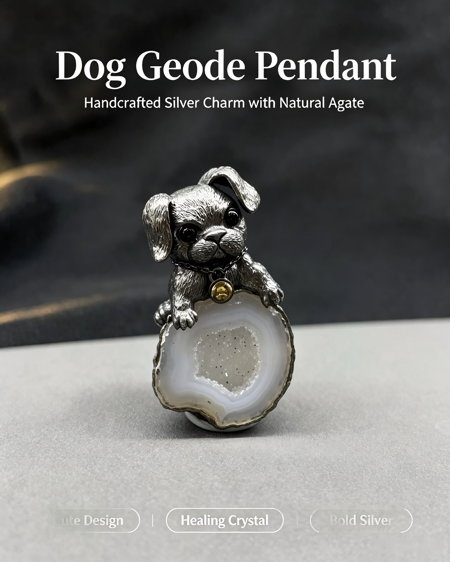 One‑of‑a‑Kind Hand‑sculpted Puppy Agate Geode Pendant | Solid Antiqued Sterling‑Silver Unisex Pendant with Tiny Gold Bell