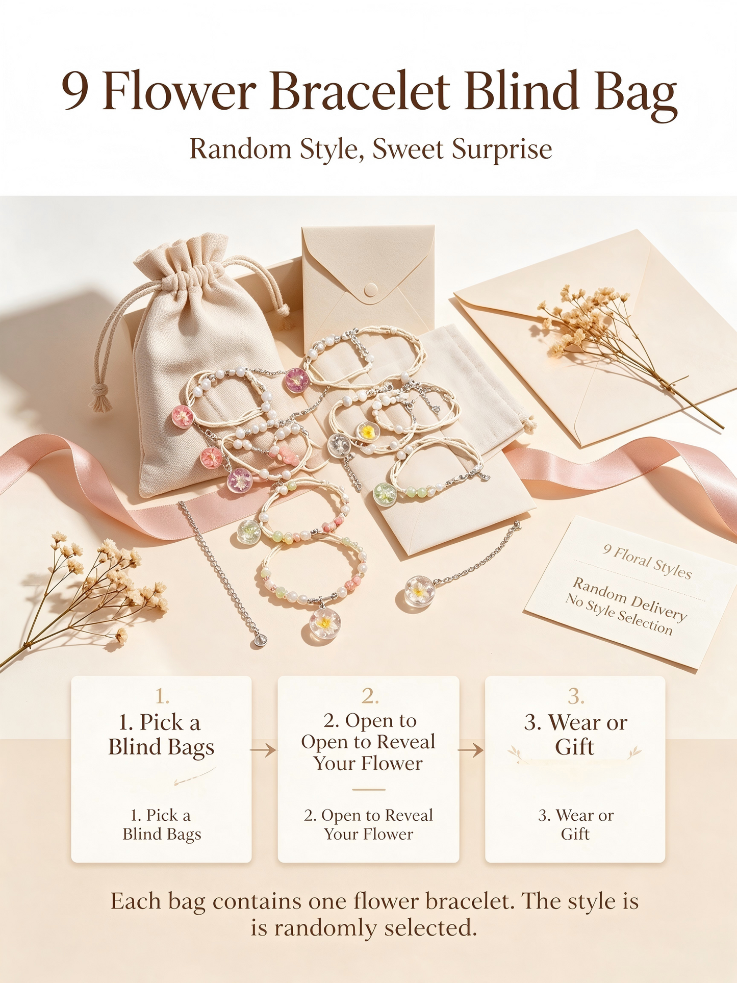 Floral Bracelet Blind Bag 9 Designs, Hidden Rare White Chrysanthemum Bracelet with "made with love" Heart & Four-Leaf Clover, Surprise Gift Jewelry for Ladies