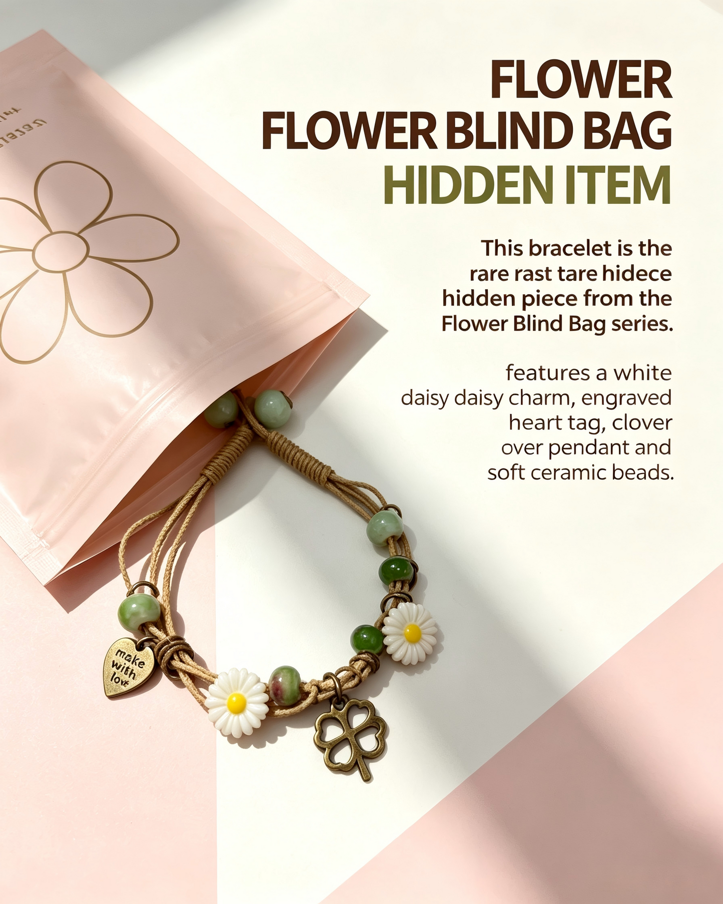 Floral Bracelet Blind Bag 9 Designs, Hidden Rare White Chrysanthemum Bracelet with "made with love" Heart & Four-Leaf Clover, Surprise Gift Jewelry for Ladies