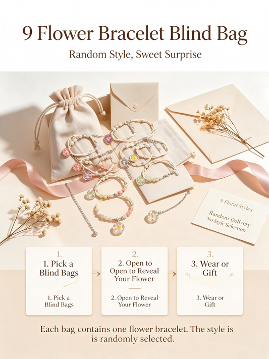Floral Bracelet Blind Bag 9 Designs, Hidden Rare White Chrysanthemum Bracelet with "made with love" Heart & Four-Leaf Clover, Surprise Gift Jewelry for Ladies