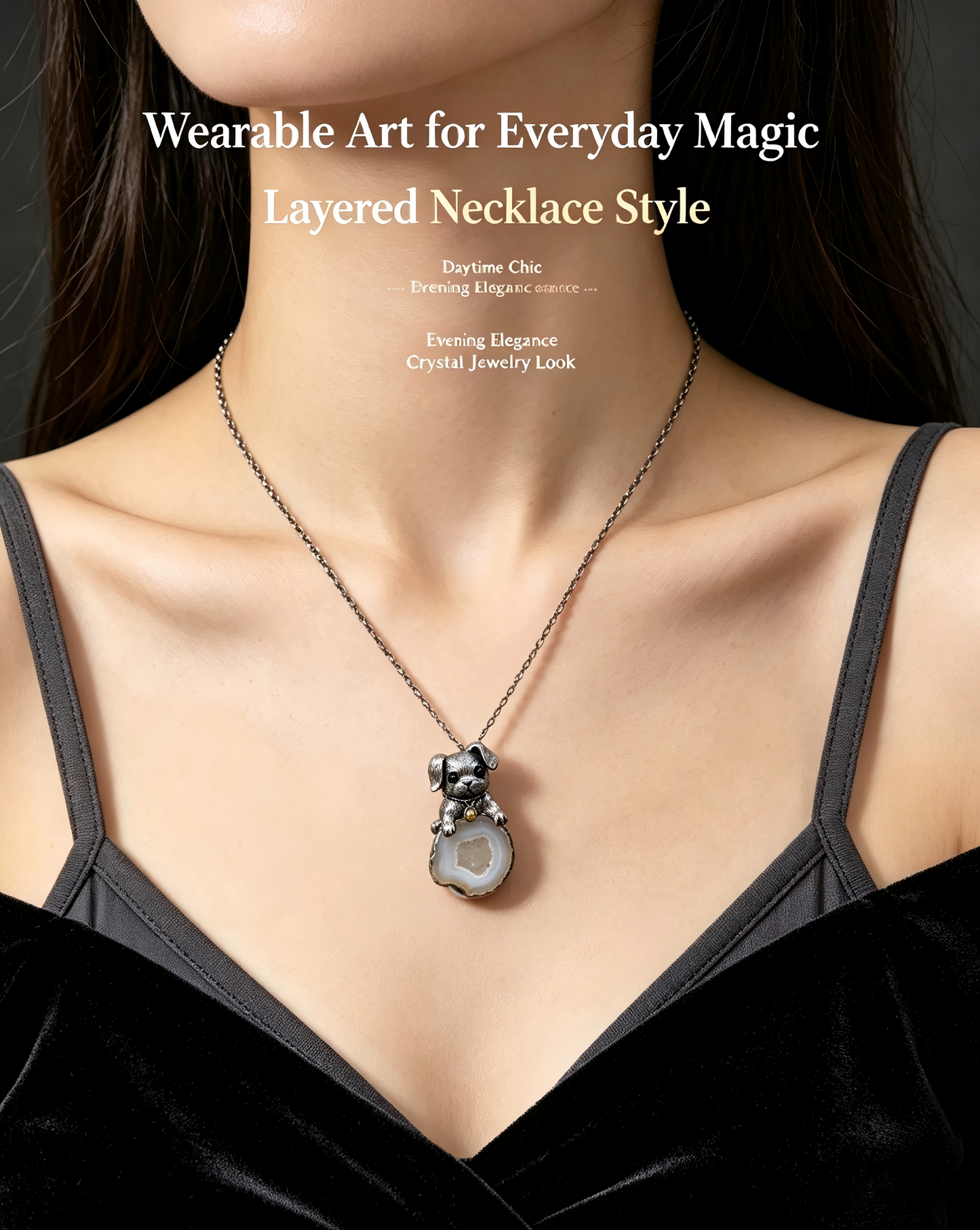One‑of‑a‑Kind Hand‑sculpted Puppy Agate Geode Pendant | Solid Antiqued Sterling‑Silver Unisex Pendant with Tiny Gold Bell
