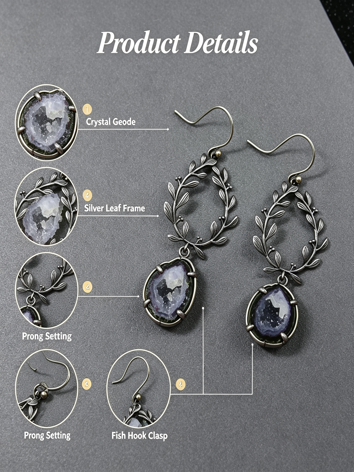 Vintage Leaf Wreath Natural Geode Drop Earrings, 925 Sterling Silver Setting, One of a Kind Crystal Jewelry
