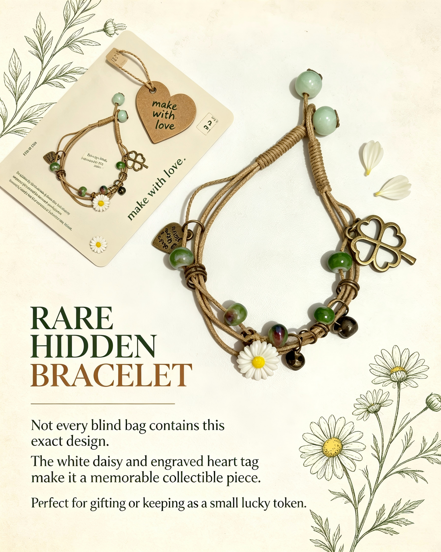Floral Bracelet Blind Bag 9 Designs, Hidden Rare White Chrysanthemum Bracelet with "made with love" Heart & Four-Leaf Clover, Surprise Gift Jewelry for Ladies