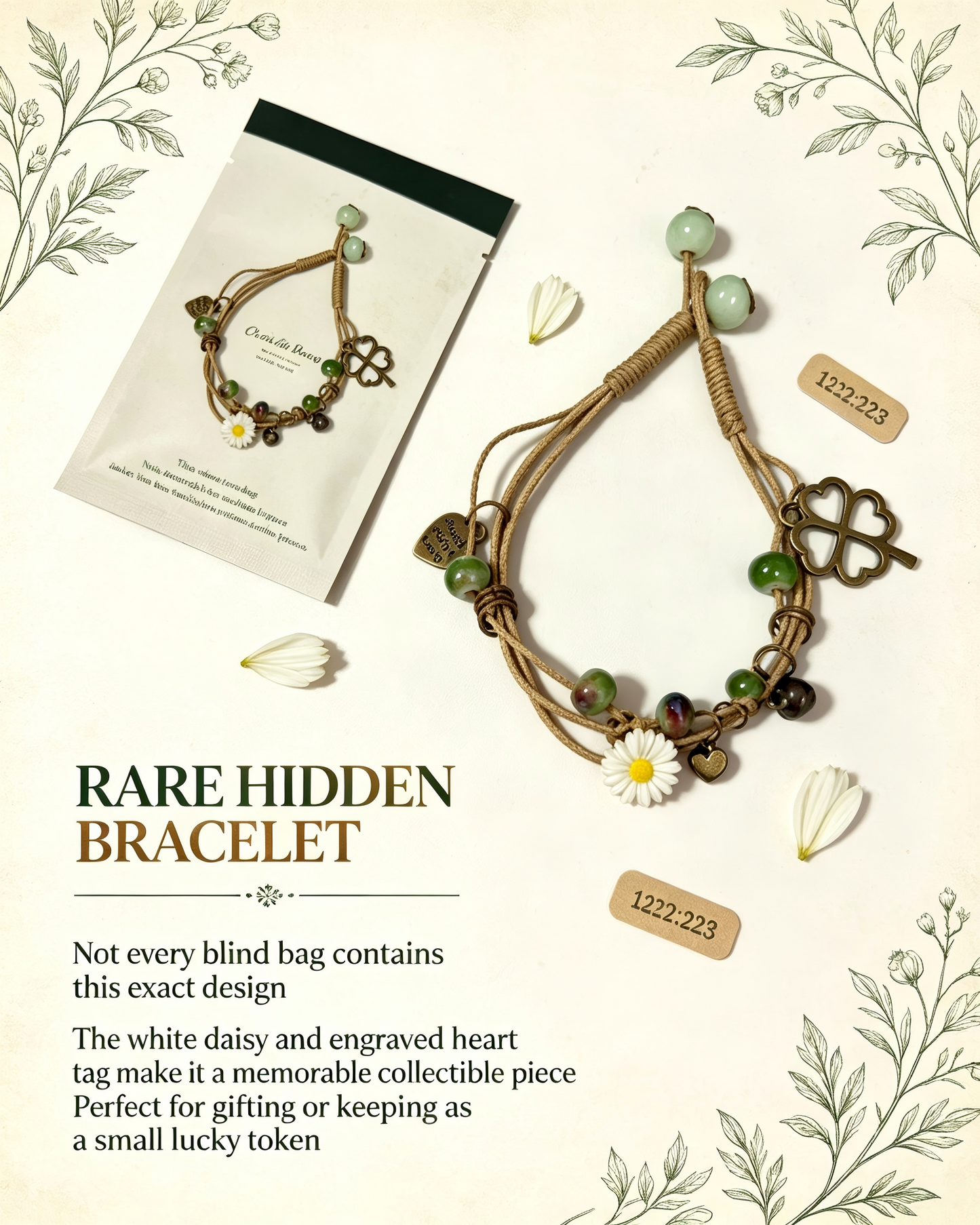 Floral Bracelet Blind Bag 9 Designs, Hidden Rare White Chrysanthemum Bracelet with "made with love" Heart & Four-Leaf Clover, Surprise Gift Jewelry for Ladies
