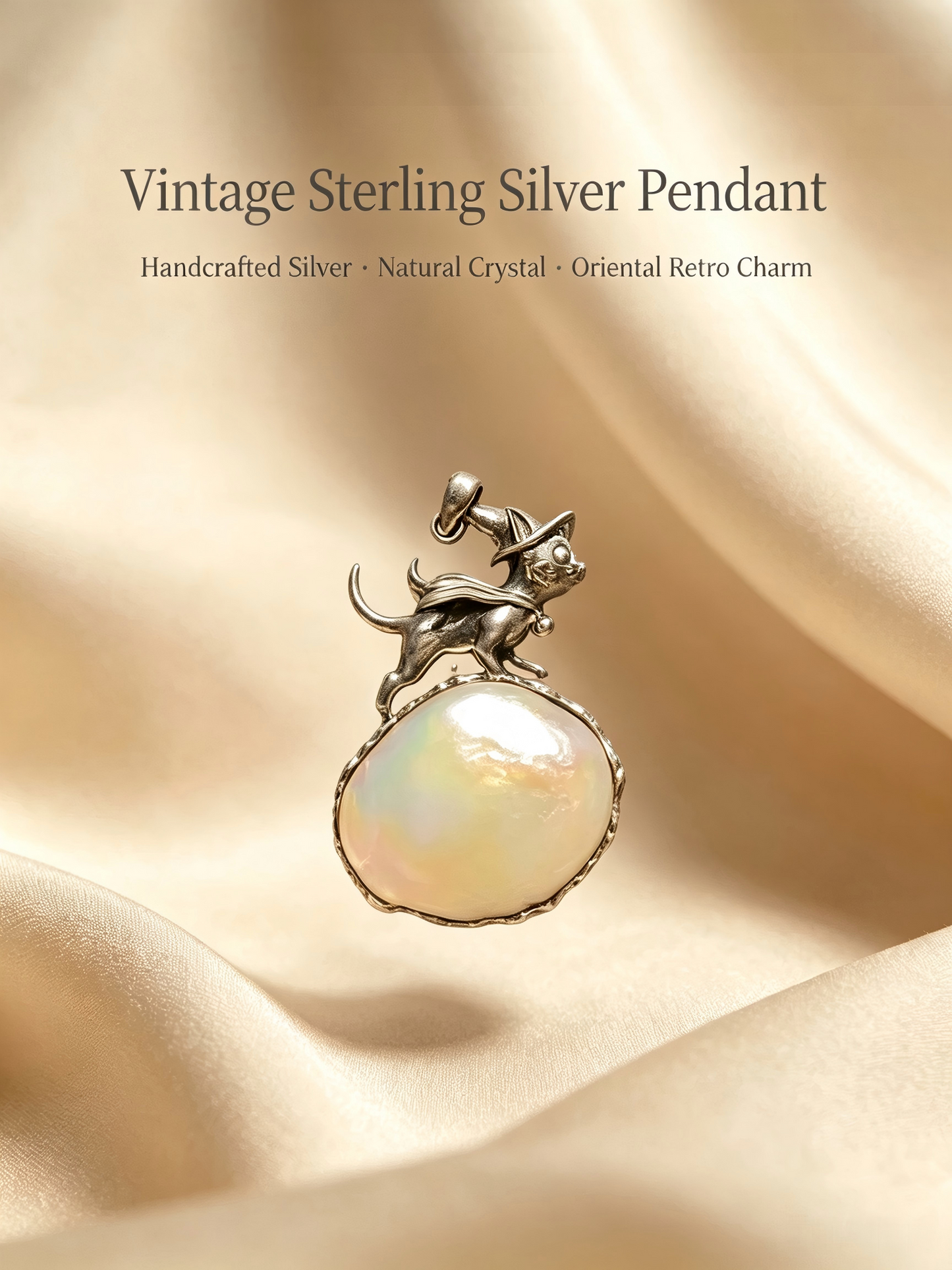 One-of-kind Vintage 925 Sterling Silver Wizard Cat Pendant Necklace | Natural Iridescent Gemstone Hand Bezel Set Witchy Jewelry