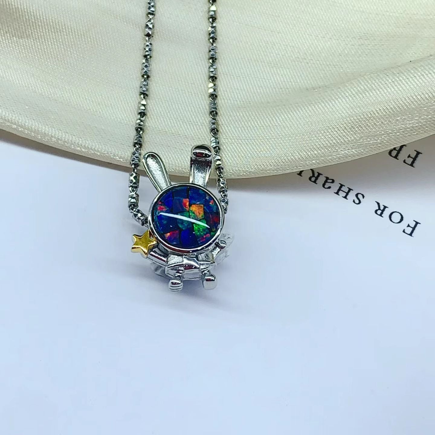 925 Sterling Silver Mosaic Opal Tiny Rabbit Pendant Necklace | Hand‑Inlaid Colorful Opal Fragment Jewelry