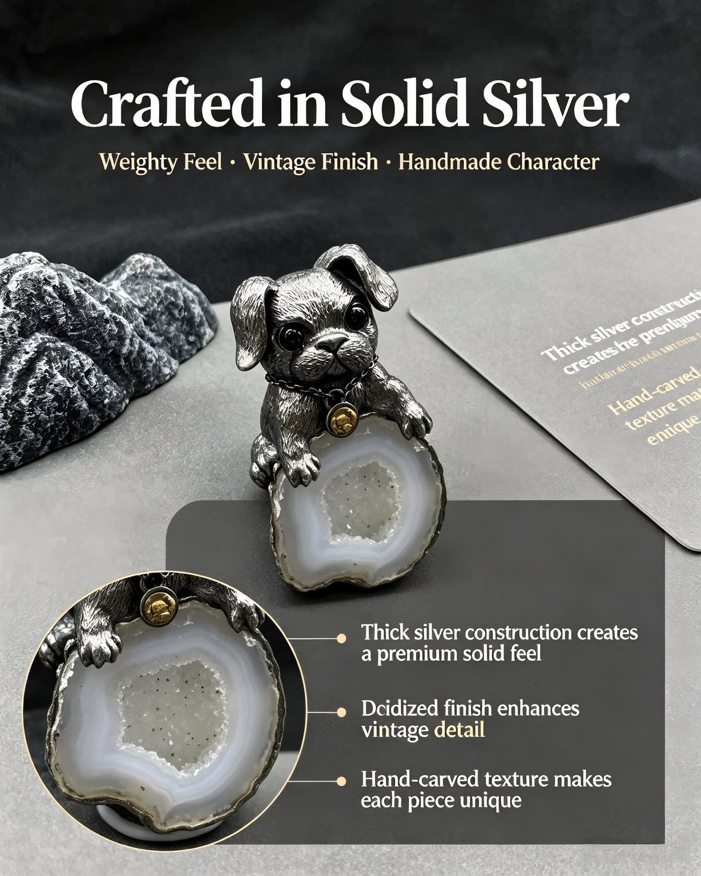 One‑of‑a‑Kind Hand‑sculpted Puppy Agate Geode Pendant | Solid Antiqued Sterling‑Silver Unisex Pendant with Tiny Gold Bell