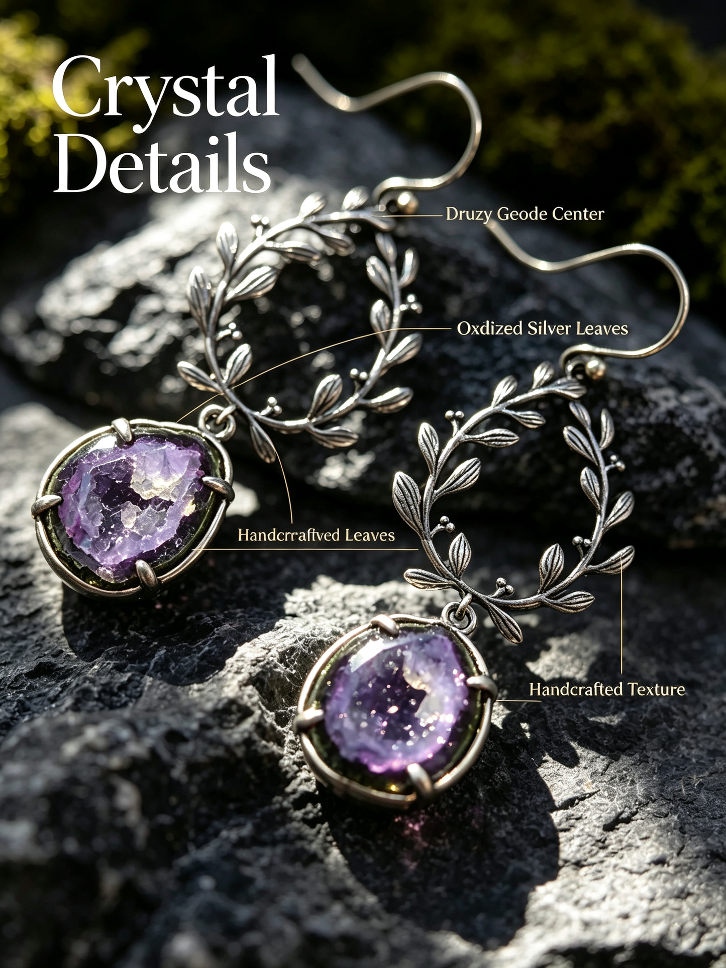 Vintage Leaf Wreath Natural Geode Drop Earrings, 925 Sterling Silver Setting, One of a Kind Crystal Jewelry