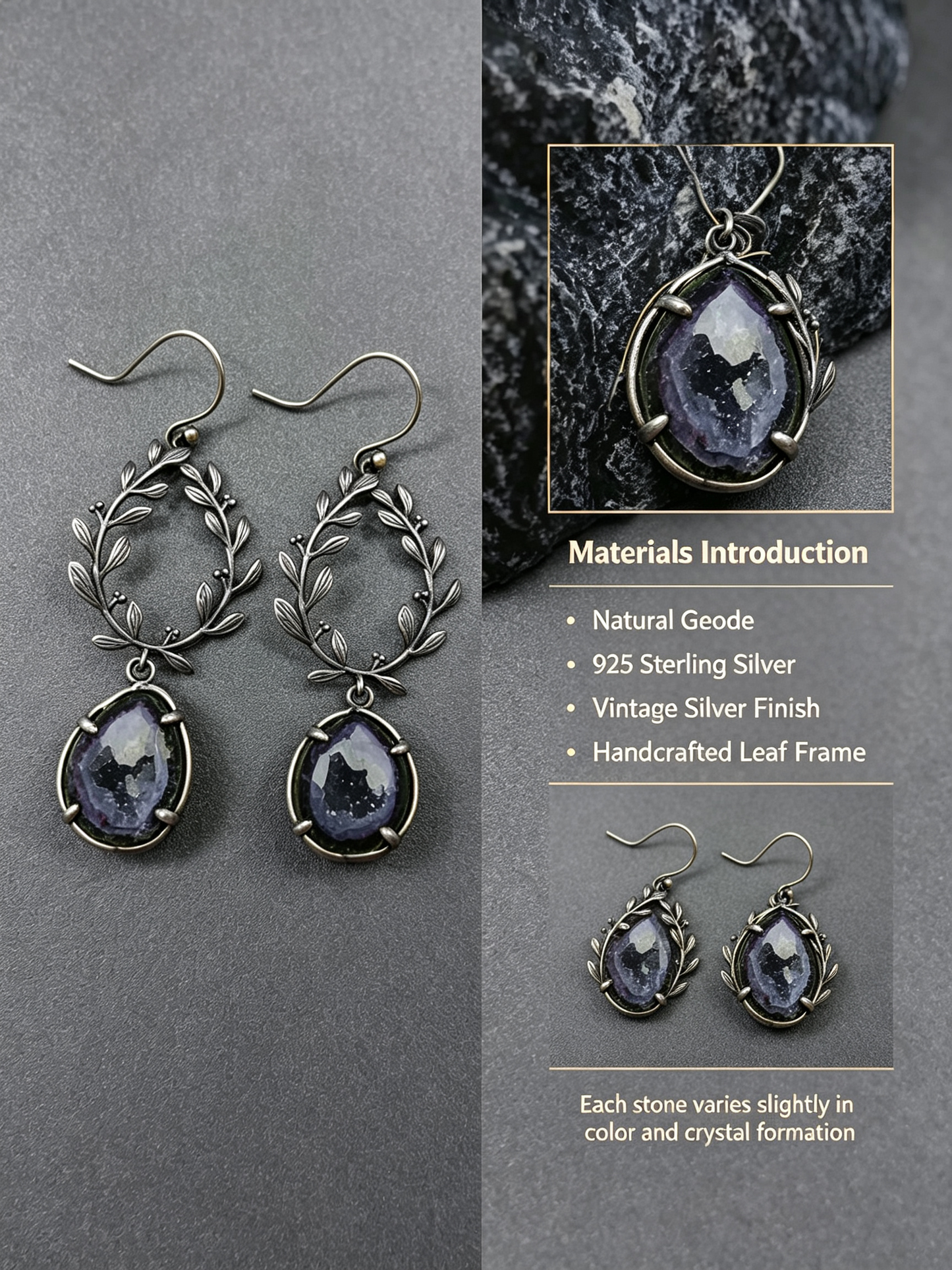 Vintage Leaf Wreath Natural Geode Drop Earrings, 925 Sterling Silver Setting, One of a Kind Crystal Jewelry