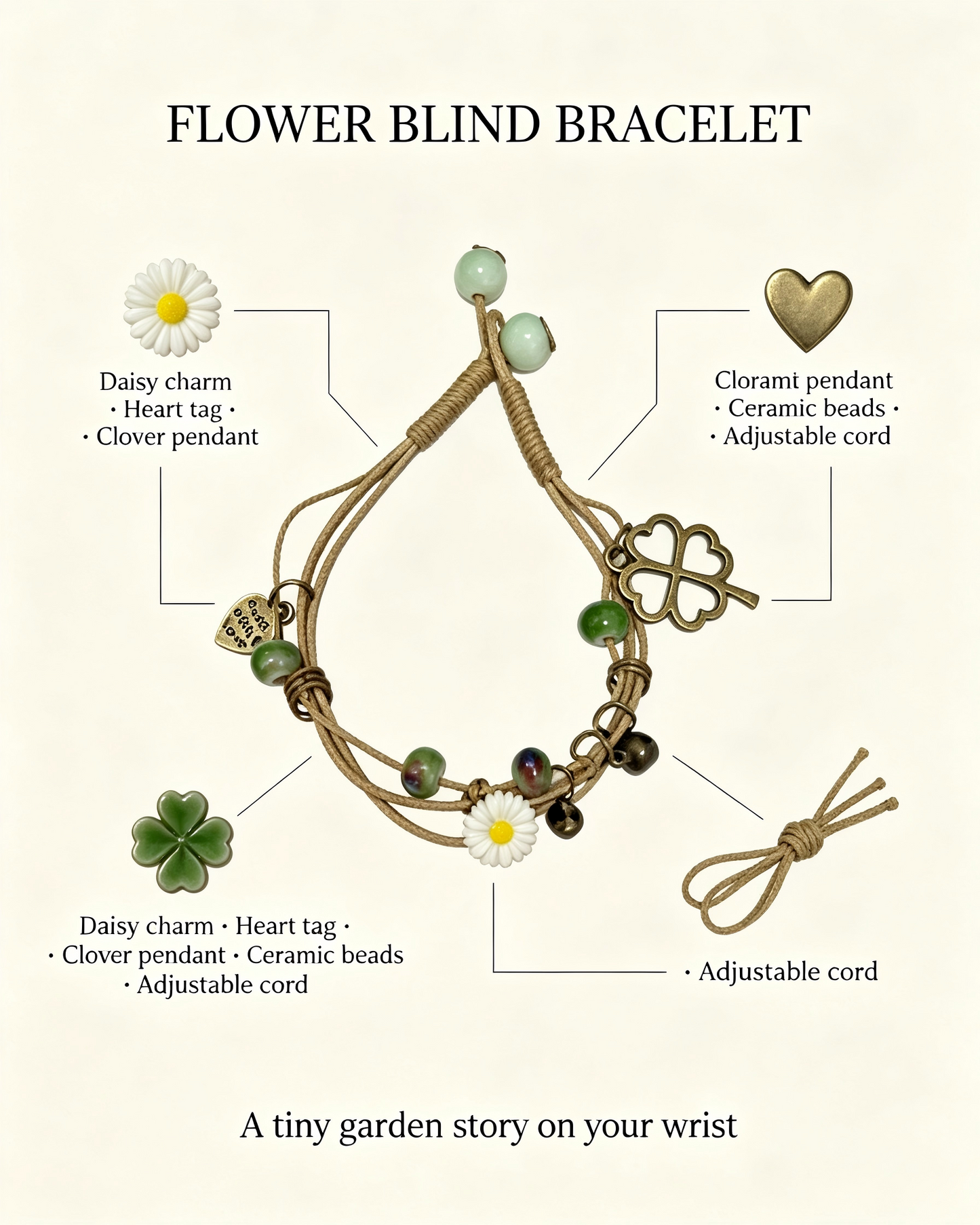 Floral Bracelet Blind Bag 9 Designs, Hidden Rare White Chrysanthemum Bracelet with "made with love" Heart & Four-Leaf Clover, Surprise Gift Jewelry for Ladies