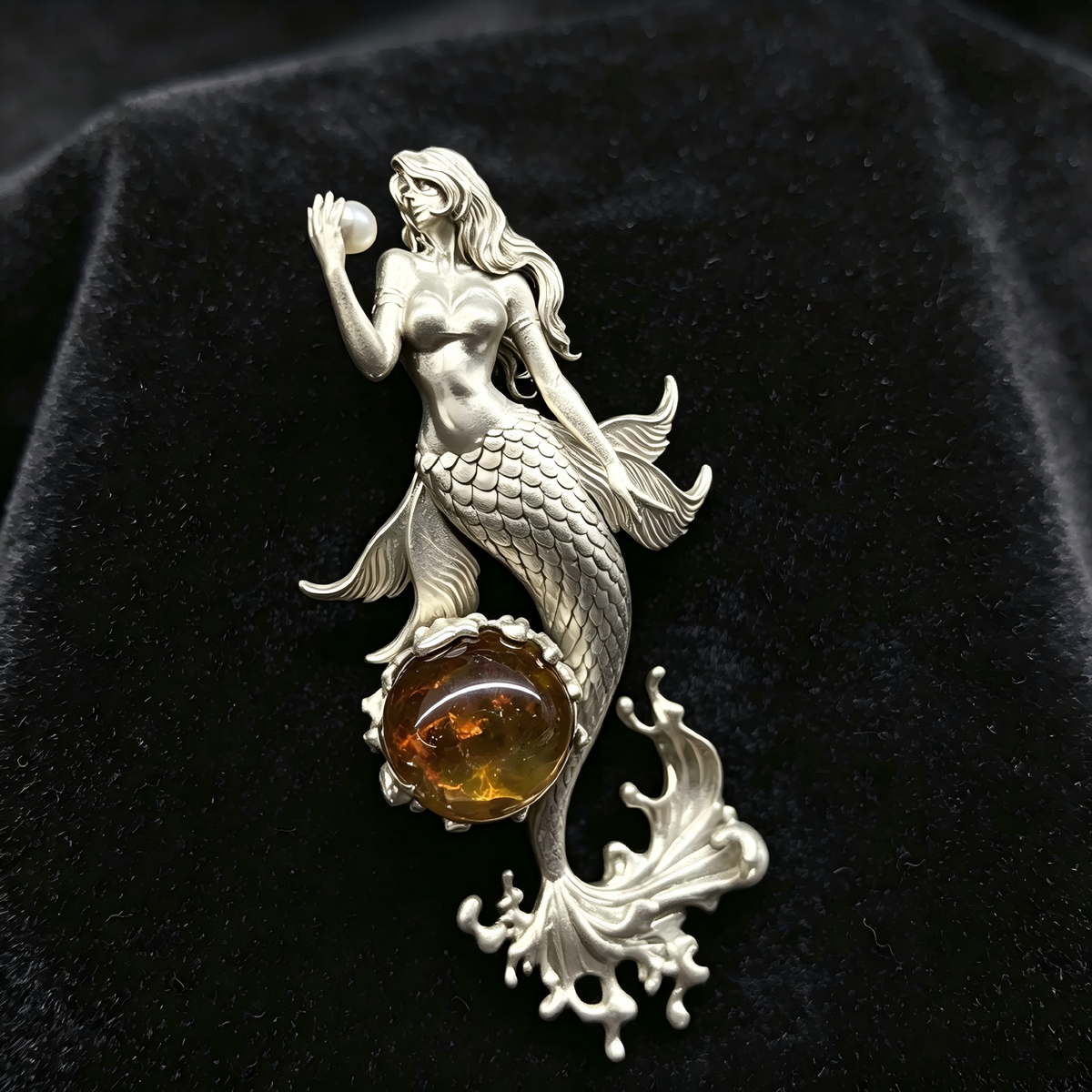 One‑of‑a‑Kind Hand‑Sculpted Sterling Silver Mermaid Pendant | Natural Amber & Freshwater Pearl, Unisex Wearable Art Jewelry