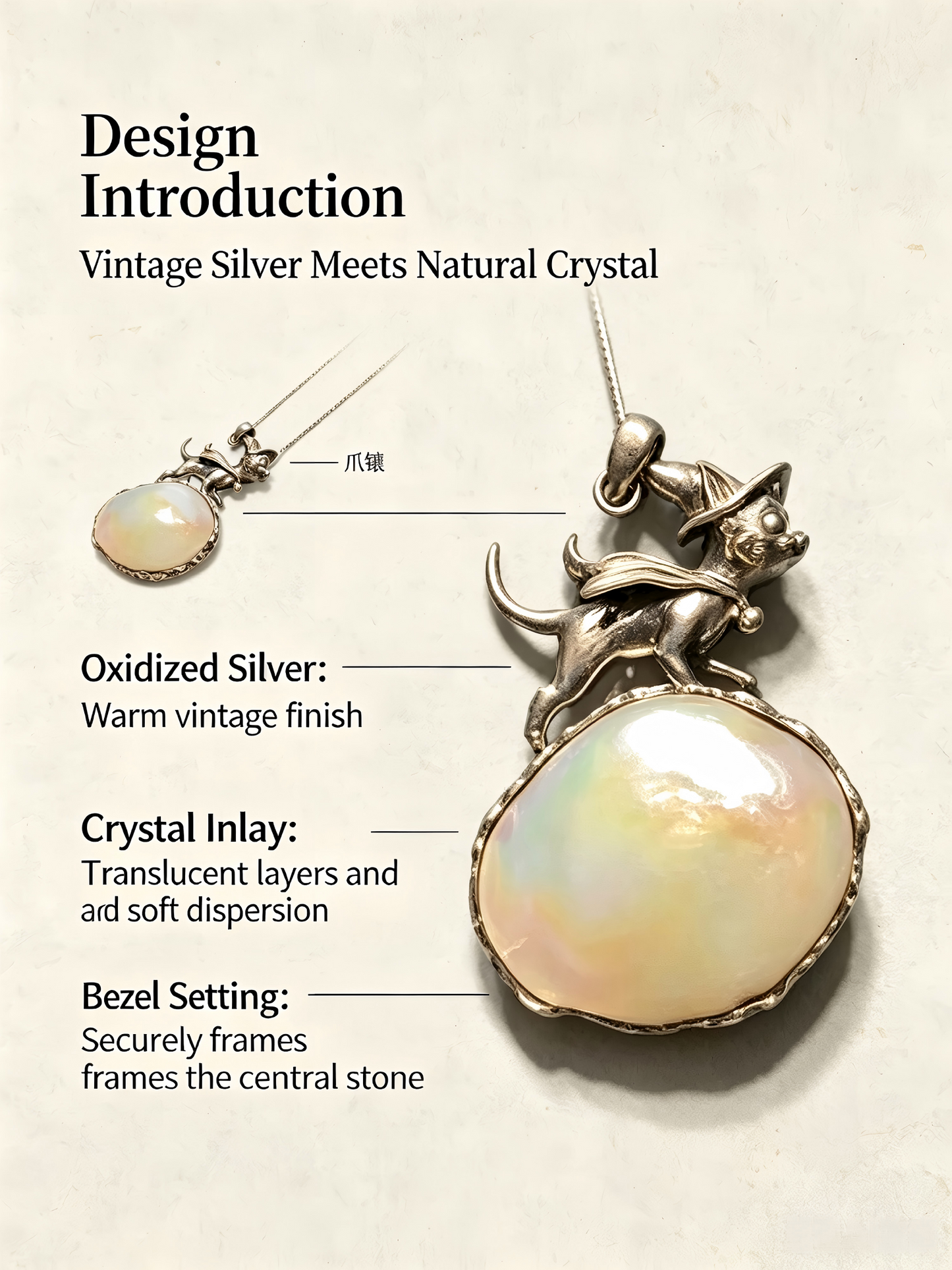 One-of-kind Vintage 925 Sterling Silver Wizard Cat Pendant Necklace | Natural Iridescent Gemstone Hand Bezel Set Witchy Jewelry