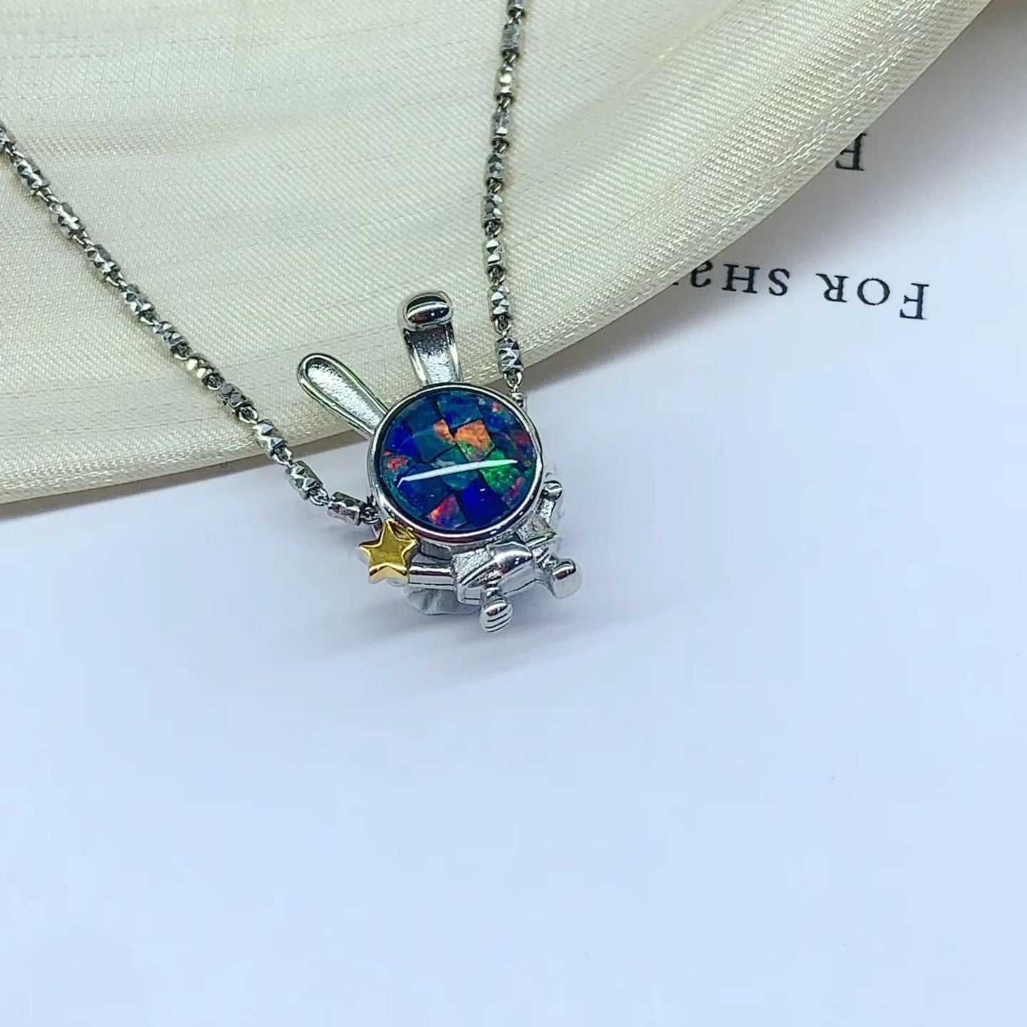 925 Sterling Silver Mosaic Opal Tiny Rabbit Pendant Necklace | Hand‑Inlaid Colorful Opal Fragment Jewelry