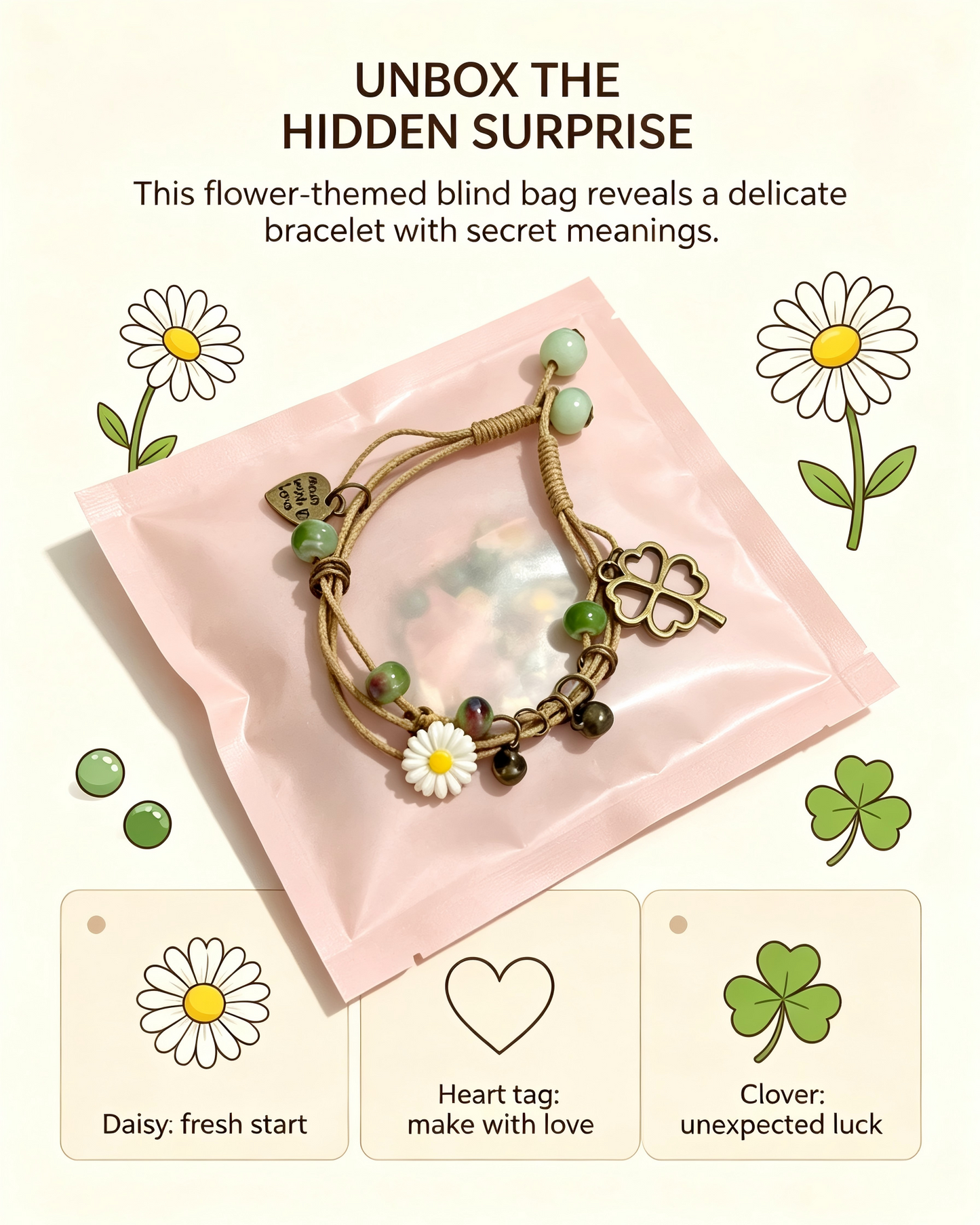 Floral Bracelet Blind Bag 9 Designs, Hidden Rare White Chrysanthemum Bracelet with "made with love" Heart & Four-Leaf Clover, Surprise Gift Jewelry for Ladies