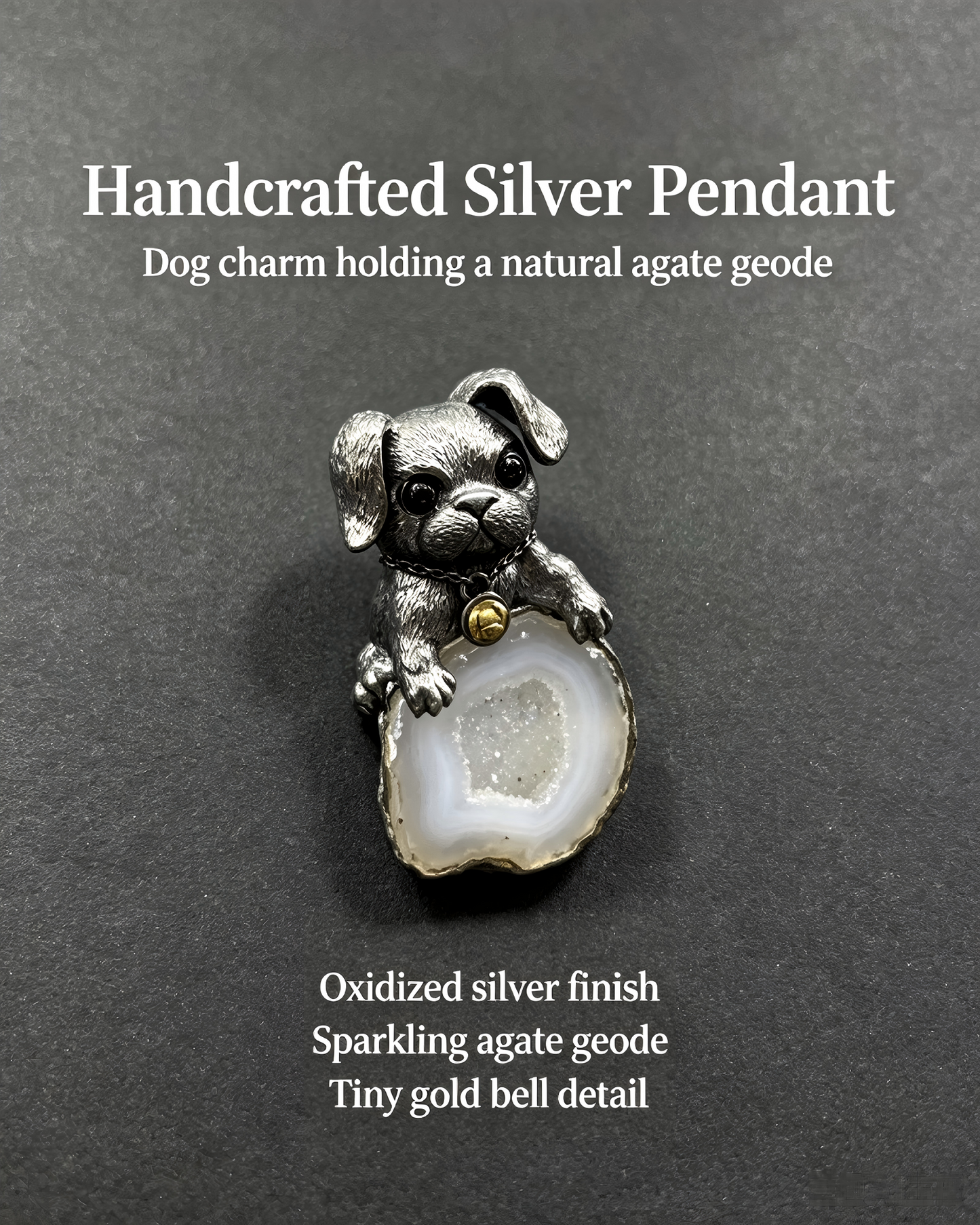 One‑of‑a‑Kind Hand‑sculpted Puppy Agate Geode Pendant | Solid Antiqued Sterling‑Silver Unisex Pendant with Tiny Gold Bell