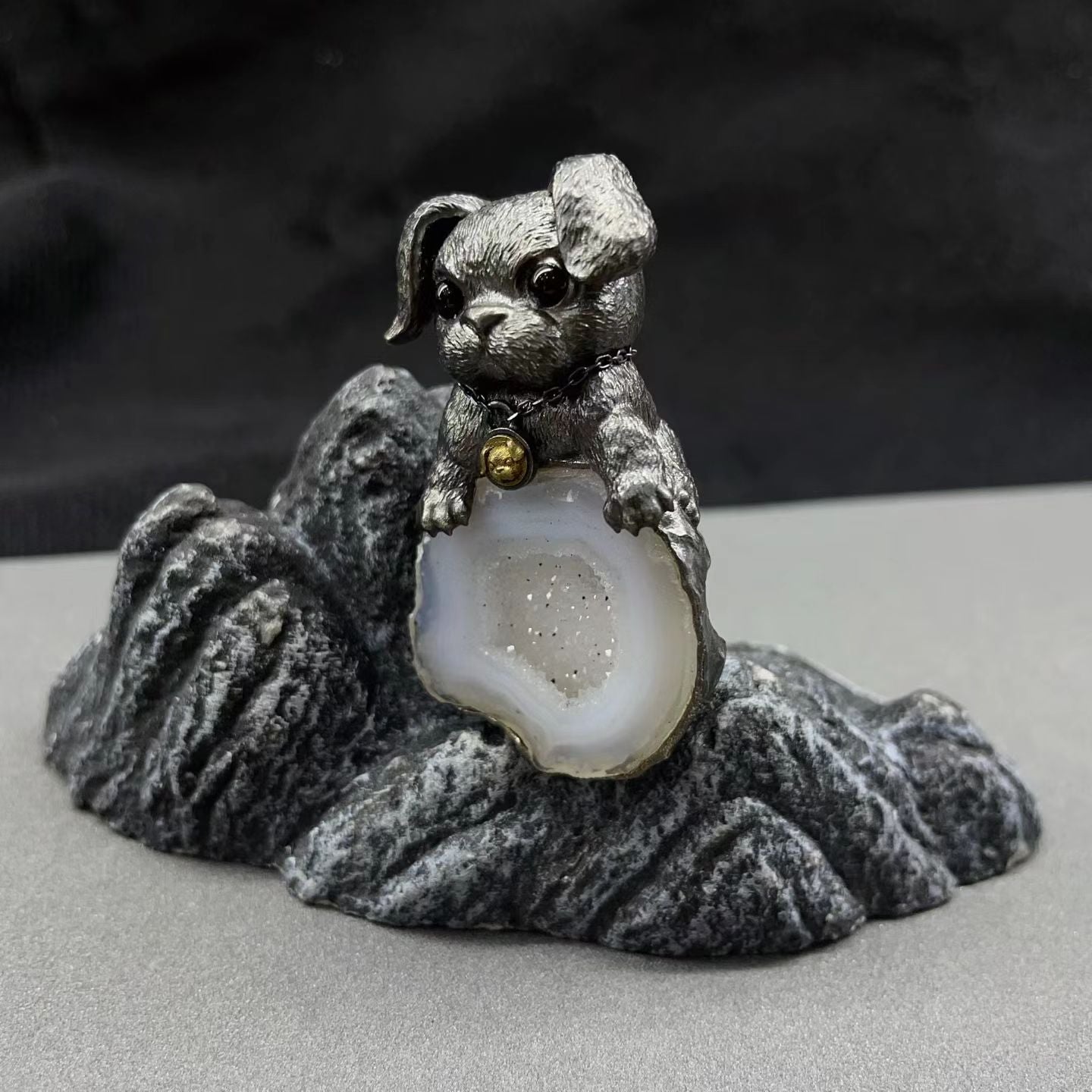 One‑of‑a‑Kind Hand‑sculpted Puppy Agate Geode Pendant | Solid Antiqued Sterling‑Silver Unisex Pendant with Tiny Gold Bell