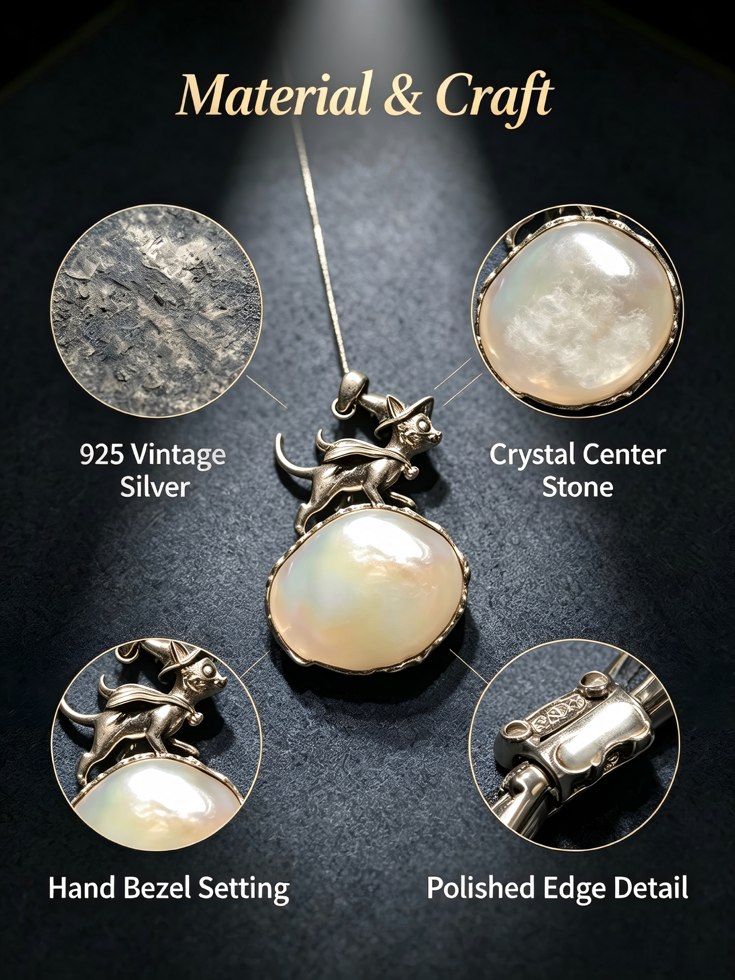 One-of-kind Vintage 925 Sterling Silver Wizard Cat Pendant Necklace | Natural Iridescent Gemstone Hand Bezel Set Witchy Jewelry