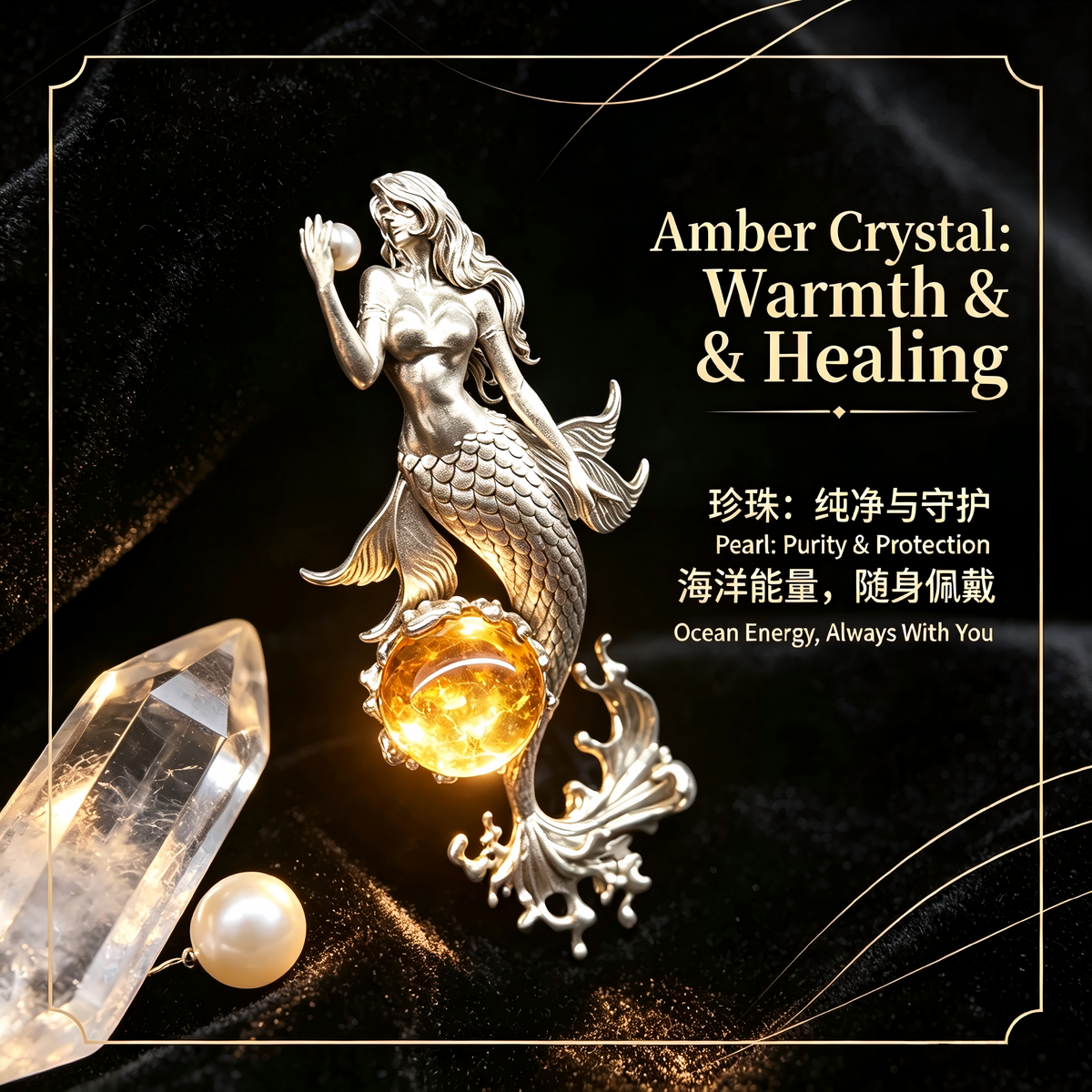 One‑of‑a‑Kind Hand‑Sculpted Sterling Silver Mermaid Pendant | Natural Amber & Freshwater Pearl, Unisex Wearable Art Jewelry