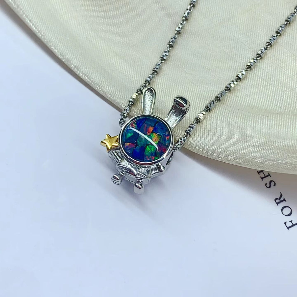 925 Sterling Silver Mosaic Opal Tiny Rabbit Pendant Necklace | Hand‑Inlaid Colorful Opal Fragment Jewelry