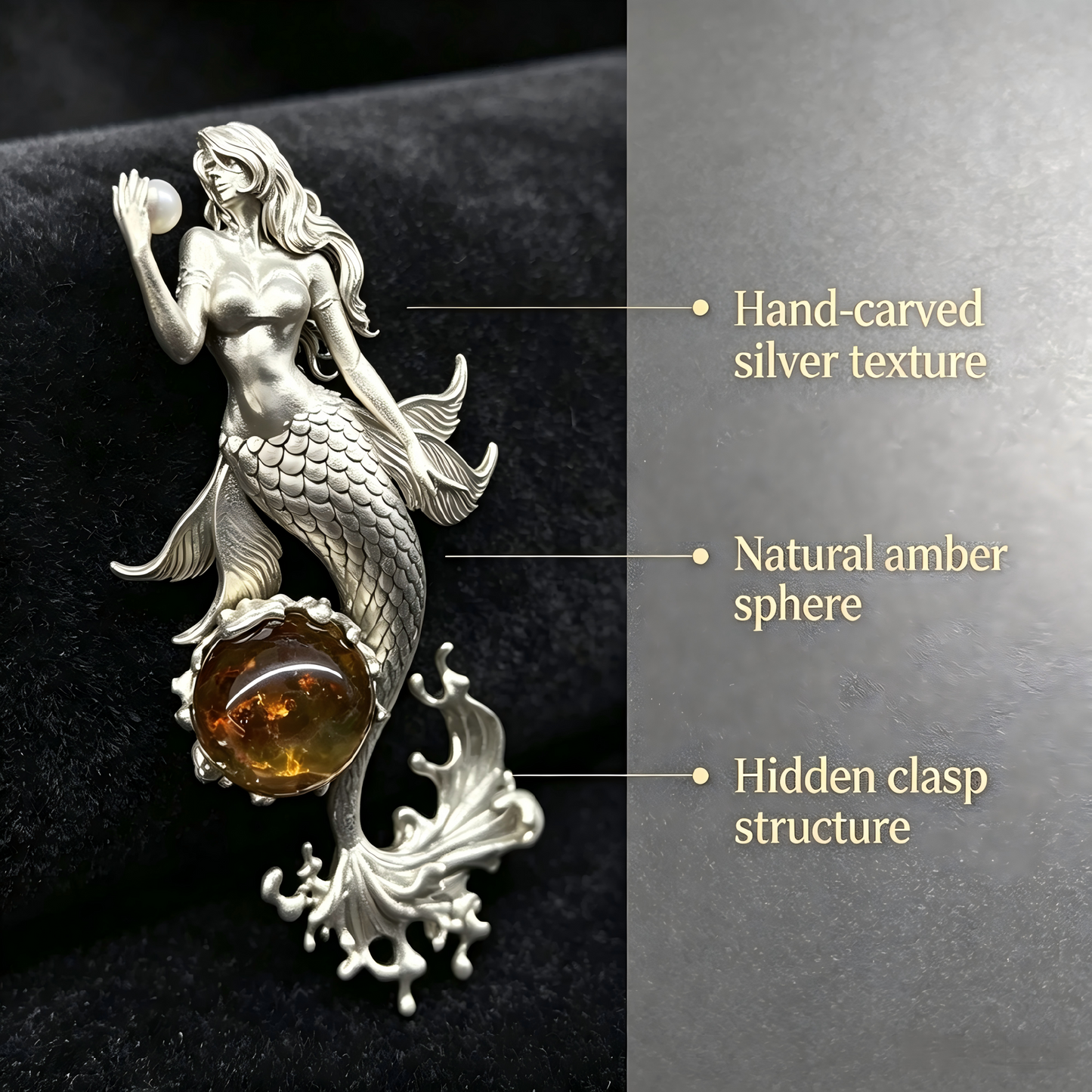 One‑of‑a‑Kind Hand‑Sculpted Sterling Silver Mermaid Pendant | Natural Amber & Freshwater Pearl, Unisex Wearable Art Jewelry