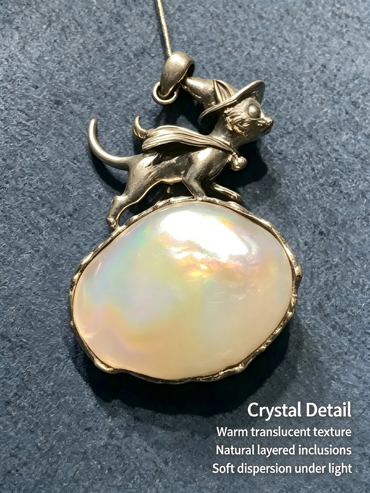 One-of-kind Vintage 925 Sterling Silver Wizard Cat Pendant Necklace | Natural Iridescent Gemstone Hand Bezel Set Witchy Jewelry
