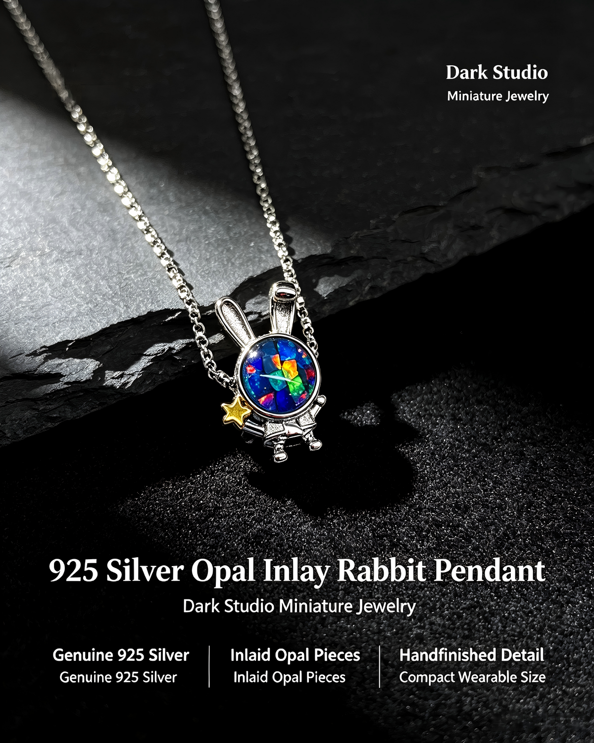 925 Sterling Silver Mosaic Opal Tiny Rabbit Pendant Necklace | Hand‑Inlaid Colorful Opal Fragment Jewelry