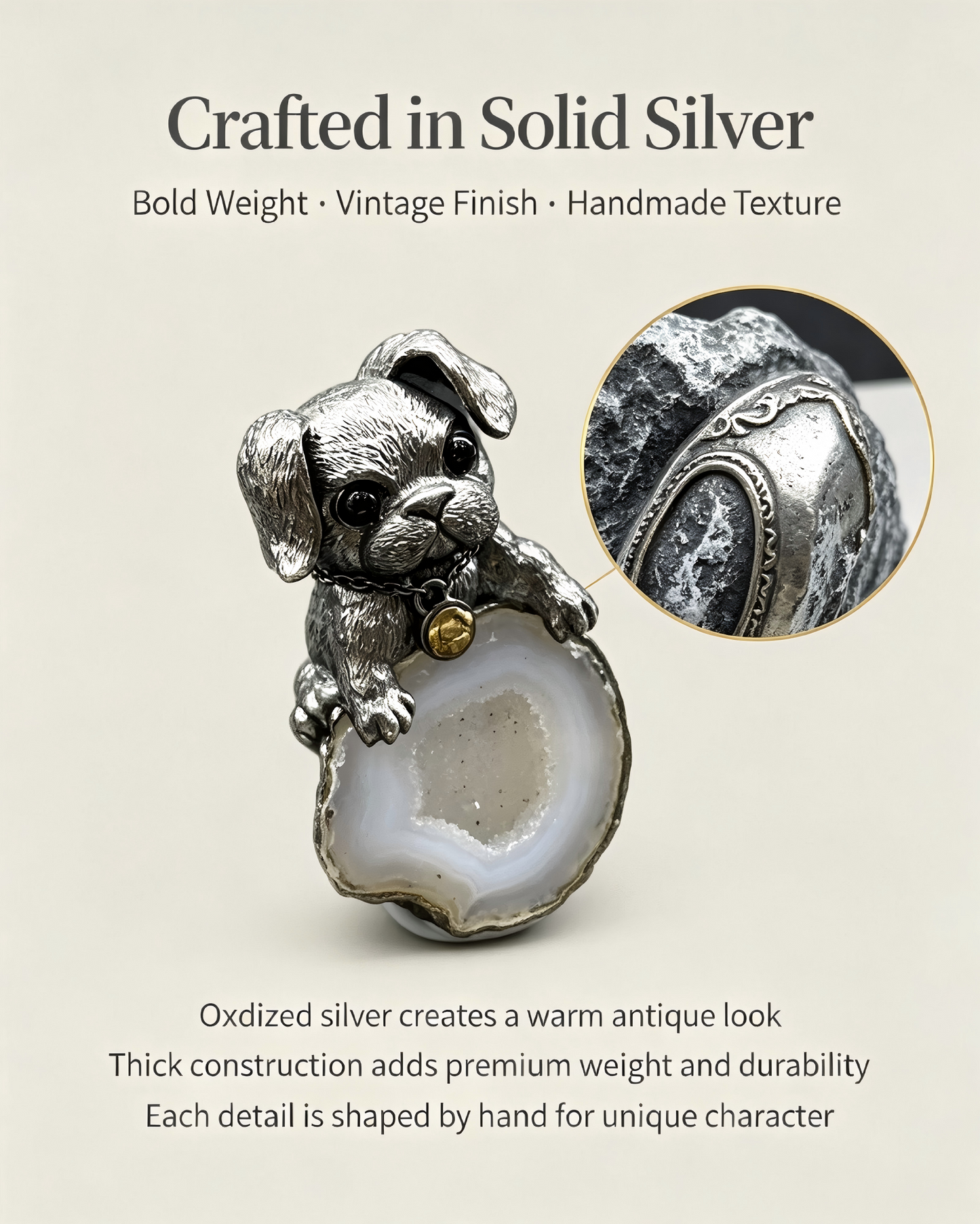 One‑of‑a‑Kind Hand‑sculpted Puppy Agate Geode Pendant | Solid Antiqued Sterling‑Silver Unisex Pendant with Tiny Gold Bell