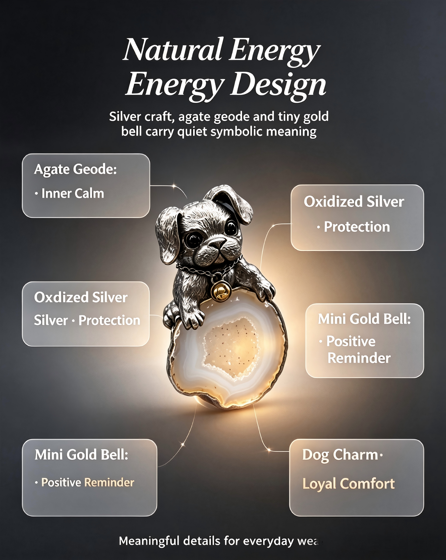 One‑of‑a‑Kind Hand‑sculpted Puppy Agate Geode Pendant | Solid Antiqued Sterling‑Silver Unisex Pendant with Tiny Gold Bell