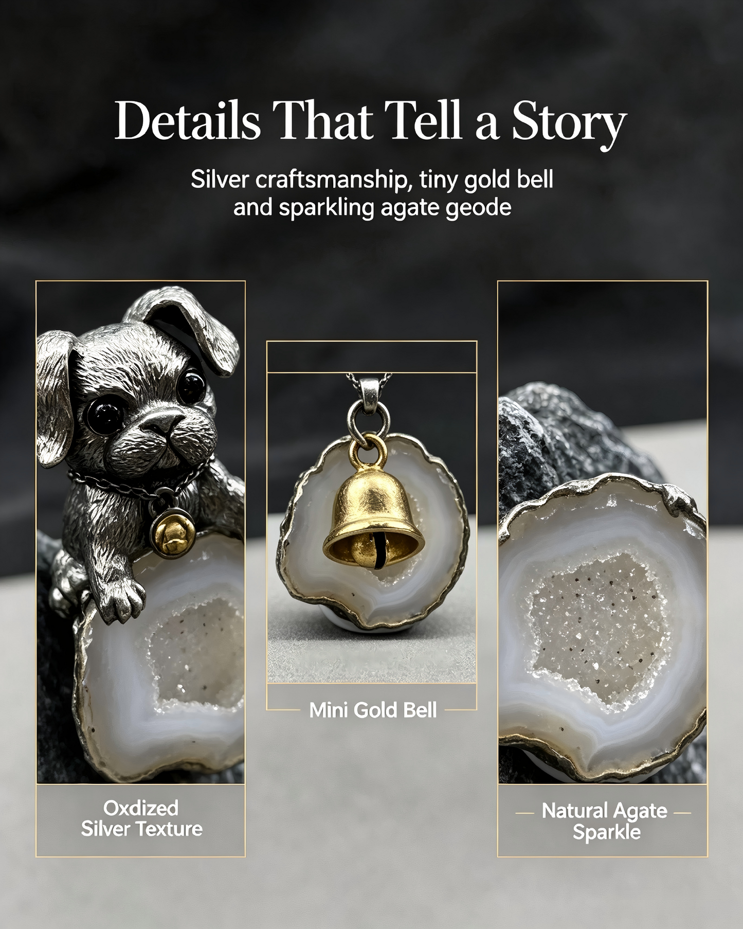 One‑of‑a‑Kind Hand‑sculpted Puppy Agate Geode Pendant | Solid Antiqued Sterling‑Silver Unisex Pendant with Tiny Gold Bell