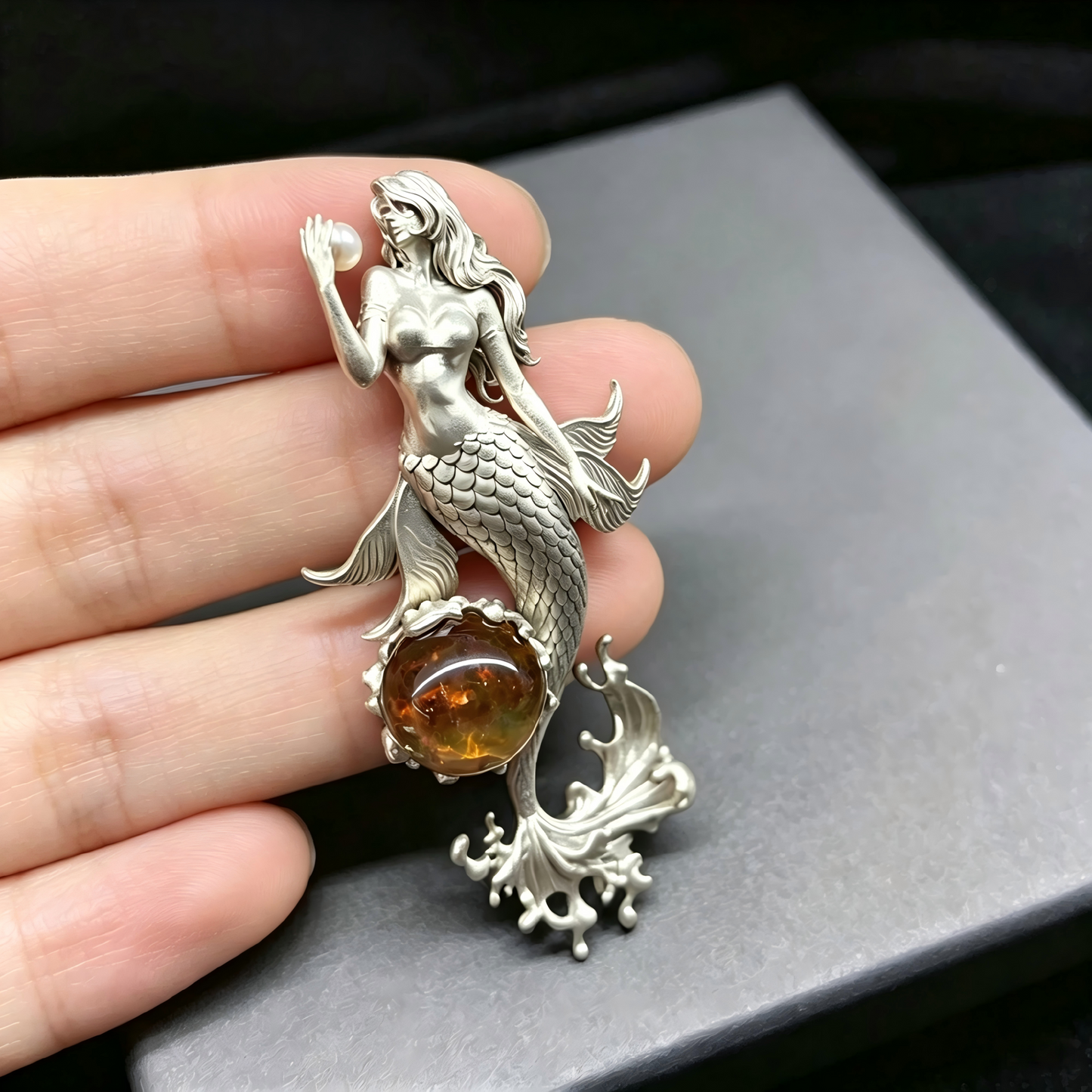 One‑of‑a‑Kind Hand‑Sculpted Sterling Silver Mermaid Pendant | Natural Amber & Freshwater Pearl, Unisex Wearable Art Jewelry