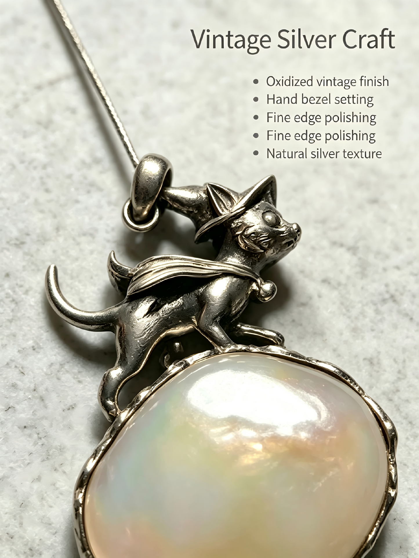 One-of-kind Vintage 925 Sterling Silver Wizard Cat Pendant Necklace | Natural Iridescent Gemstone Hand Bezel Set Witchy Jewelry