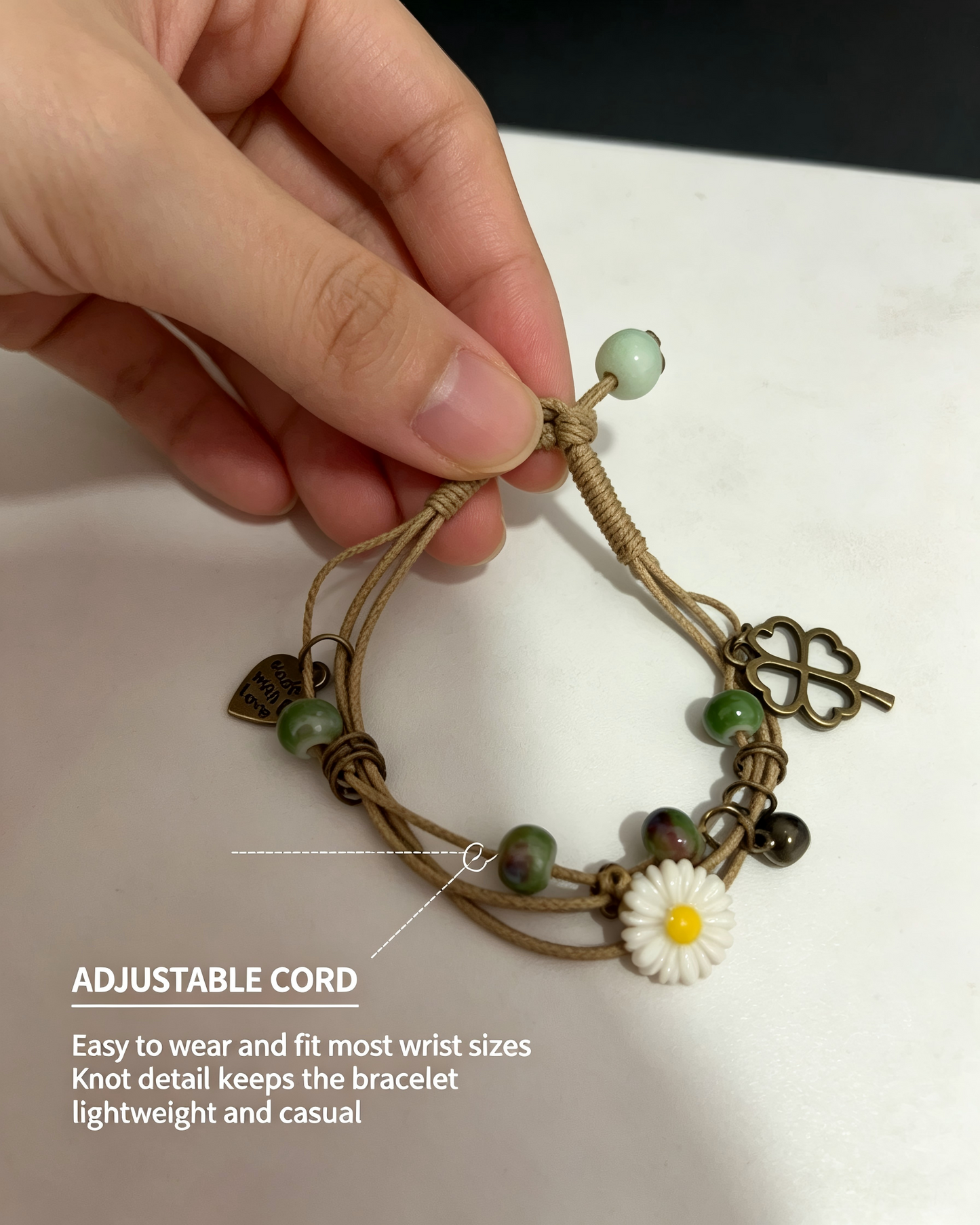 Floral Bracelet Blind Bag 9 Designs, Hidden Rare White Chrysanthemum Bracelet with "made with love" Heart & Four-Leaf Clover, Surprise Gift Jewelry for Ladies