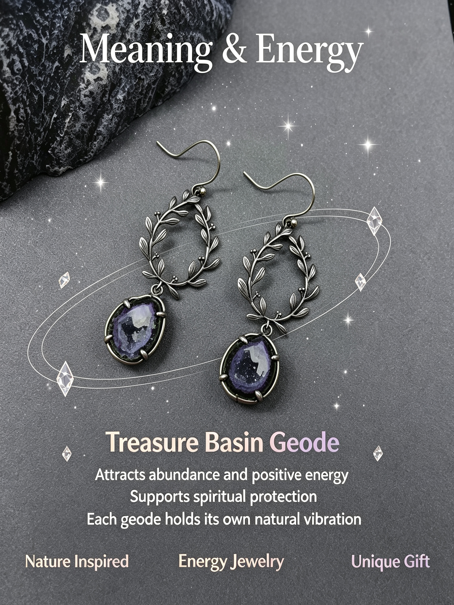 Vintage Leaf Wreath Natural Geode Drop Earrings, 925 Sterling Silver Setting, One of a Kind Crystal Jewelry