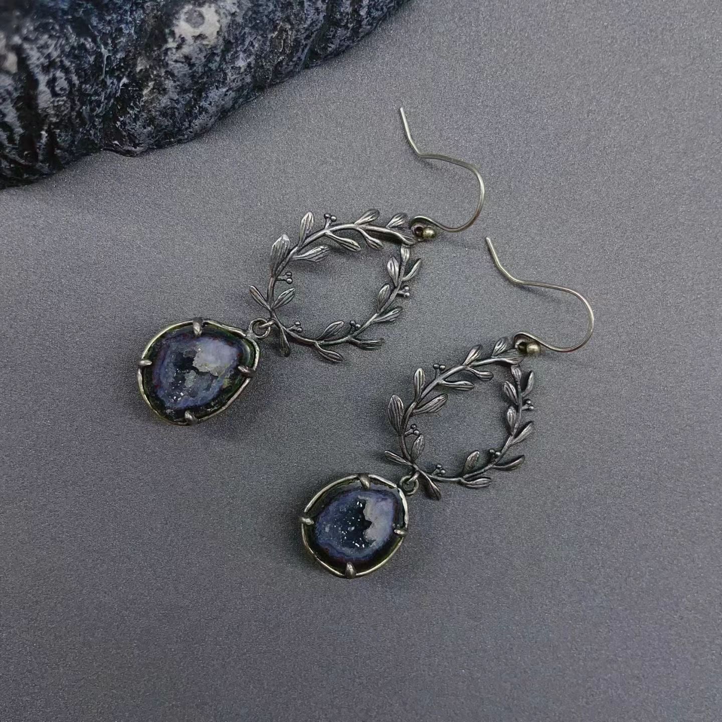 Vintage Leaf Wreath Natural Geode Drop Earrings, 925 Sterling Silver Setting, One of a Kind Crystal Jewelry