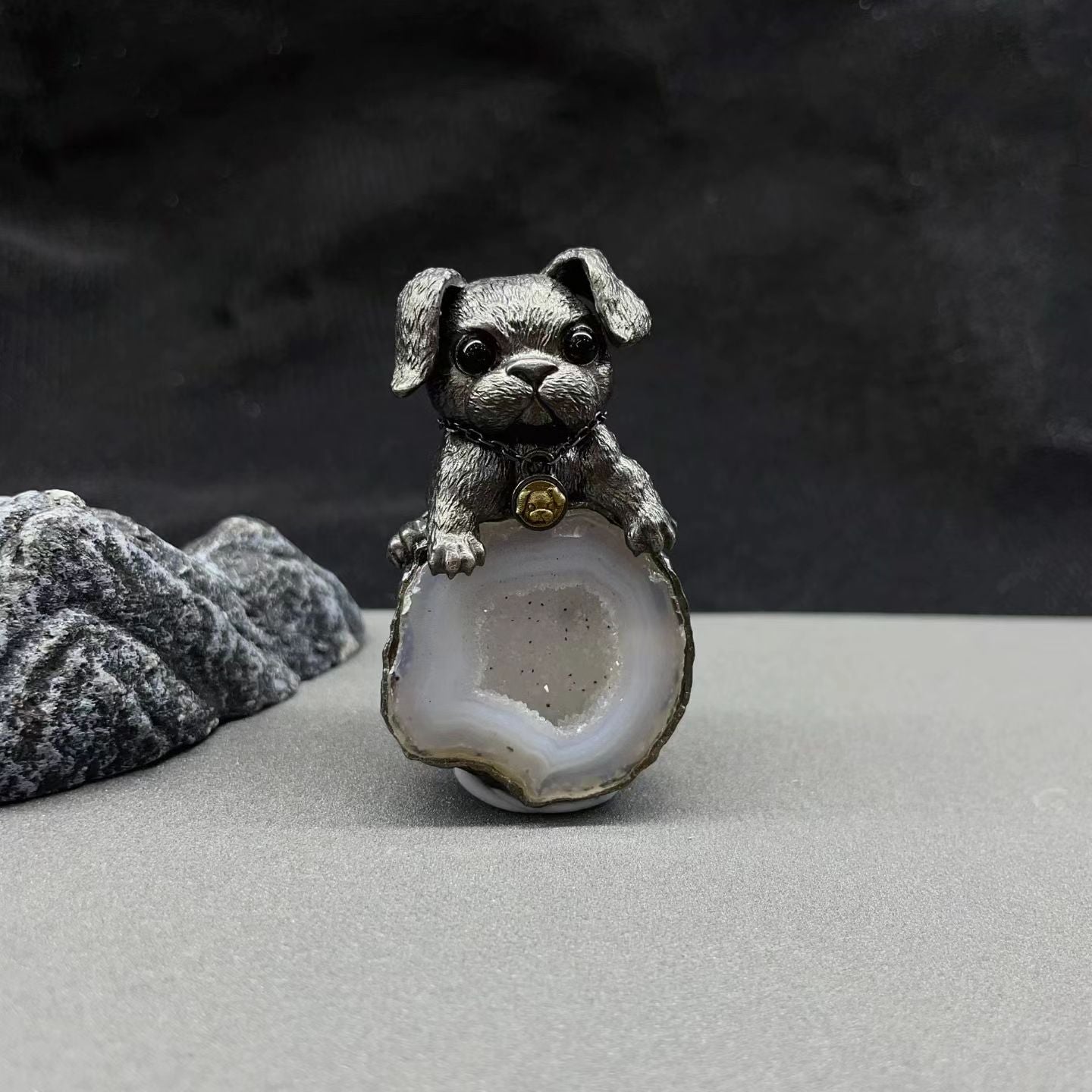 One‑of‑a‑Kind Hand‑sculpted Puppy Agate Geode Pendant | Solid Antiqued Sterling‑Silver Unisex Pendant with Tiny Gold Bell