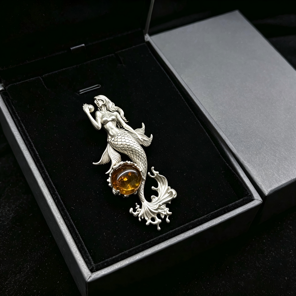 One‑of‑a‑Kind Hand‑Sculpted Sterling Silver Mermaid Pendant | Natural Amber & Freshwater Pearl, Unisex Wearable Art Jewelry