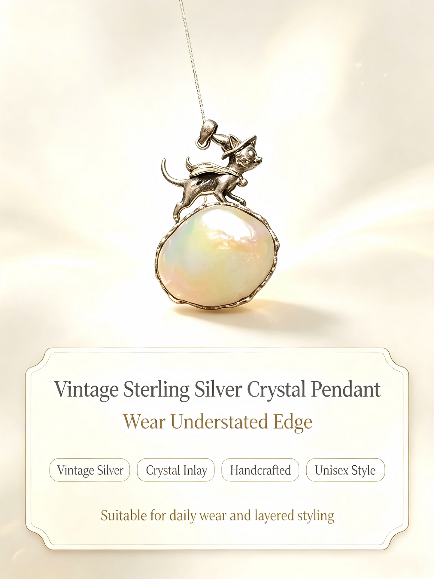 One-of-kind Vintage 925 Sterling Silver Wizard Cat Pendant Necklace | Natural Iridescent Gemstone Hand Bezel Set Witchy Jewelry