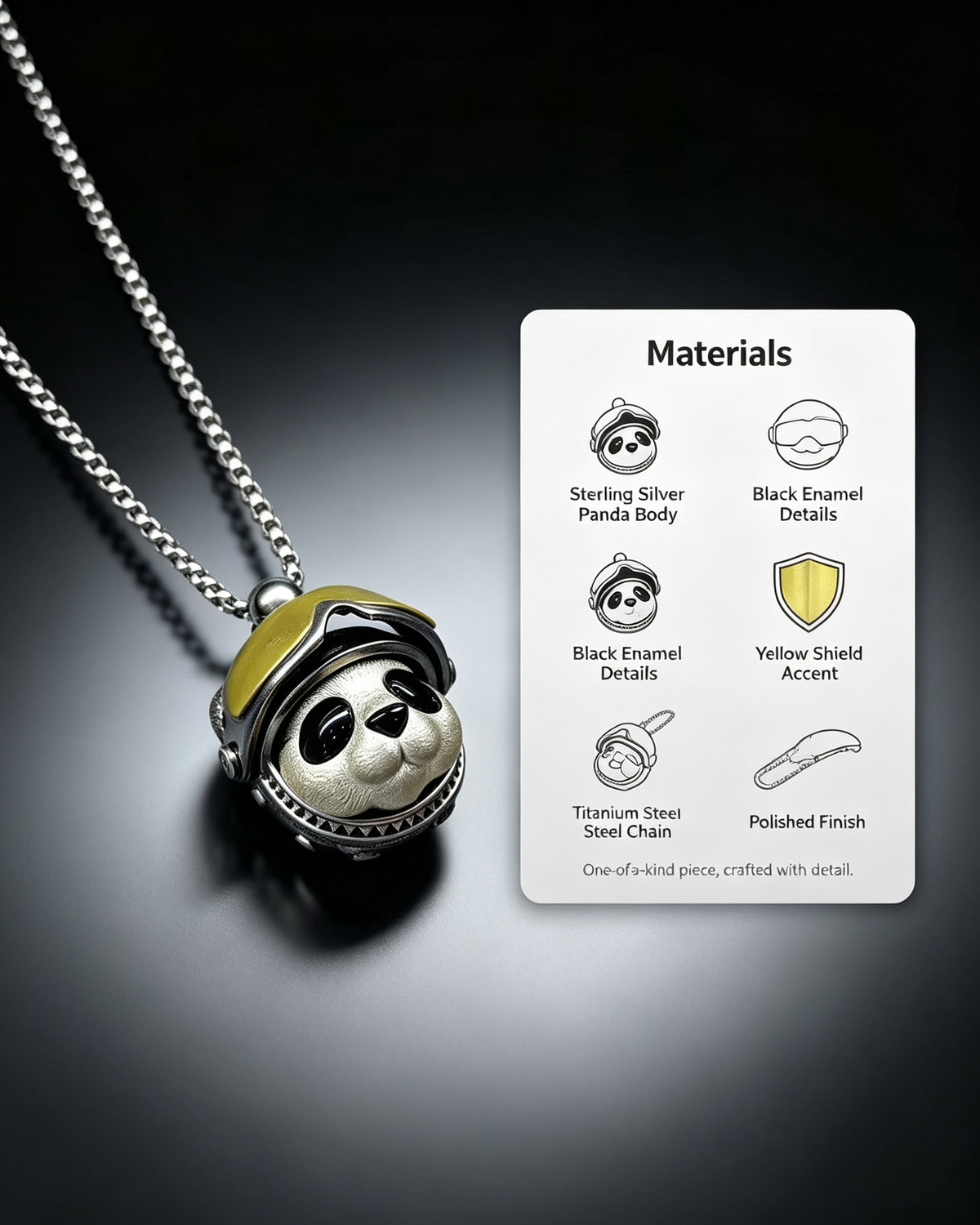 One-of-a-Kind Sterling Silver Panda Biker Pendant | Titanium Steel Chain