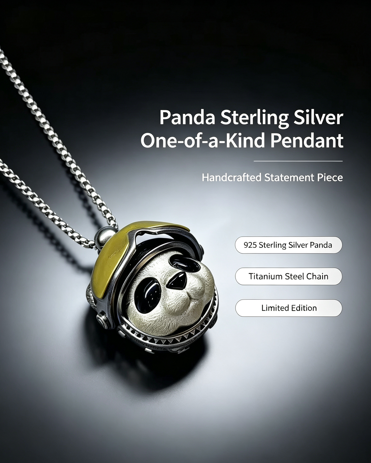 One-of-a-Kind Sterling Silver Panda Biker Pendant | Titanium Steel Chain