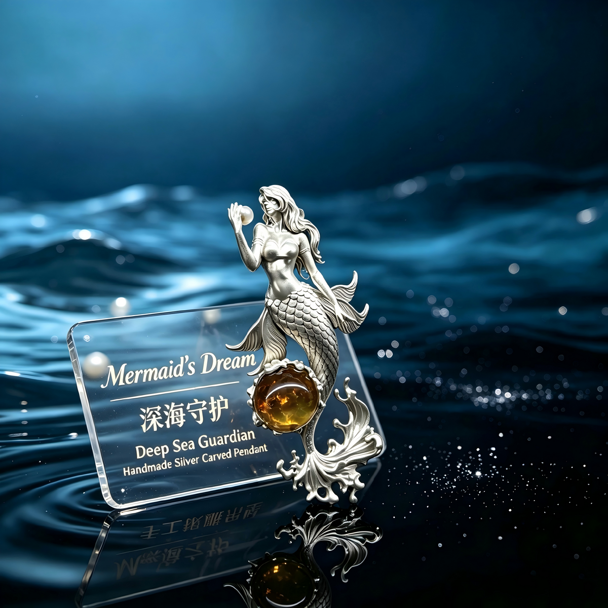 One‑of‑a‑Kind Hand‑Sculpted Sterling Silver Mermaid Pendant | Natural Amber & Freshwater Pearl, Unisex Wearable Art Jewelry