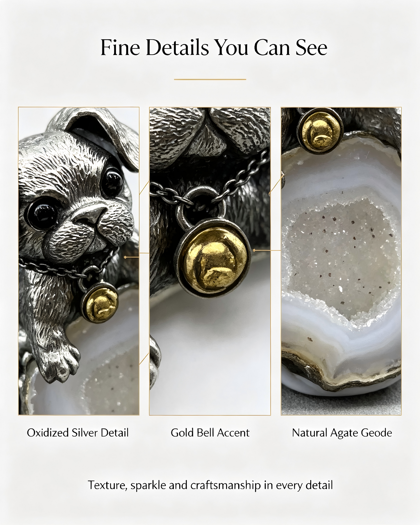One‑of‑a‑Kind Hand‑sculpted Puppy Agate Geode Pendant | Solid Antiqued Sterling‑Silver Unisex Pendant with Tiny Gold Bell