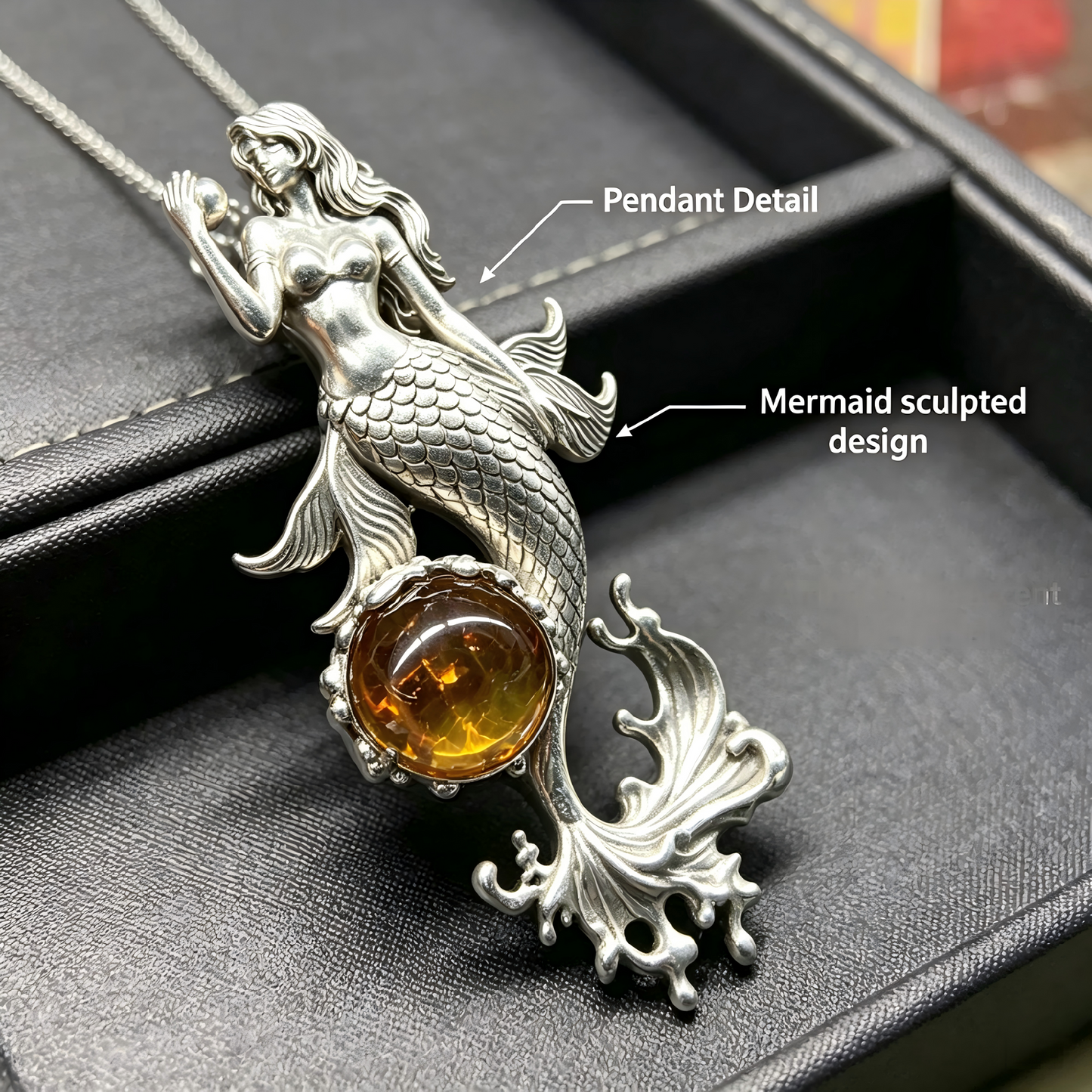 One‑of‑a‑Kind Hand‑Sculpted Sterling Silver Mermaid Pendant | Natural Amber & Freshwater Pearl, Unisex Wearable Art Jewelry