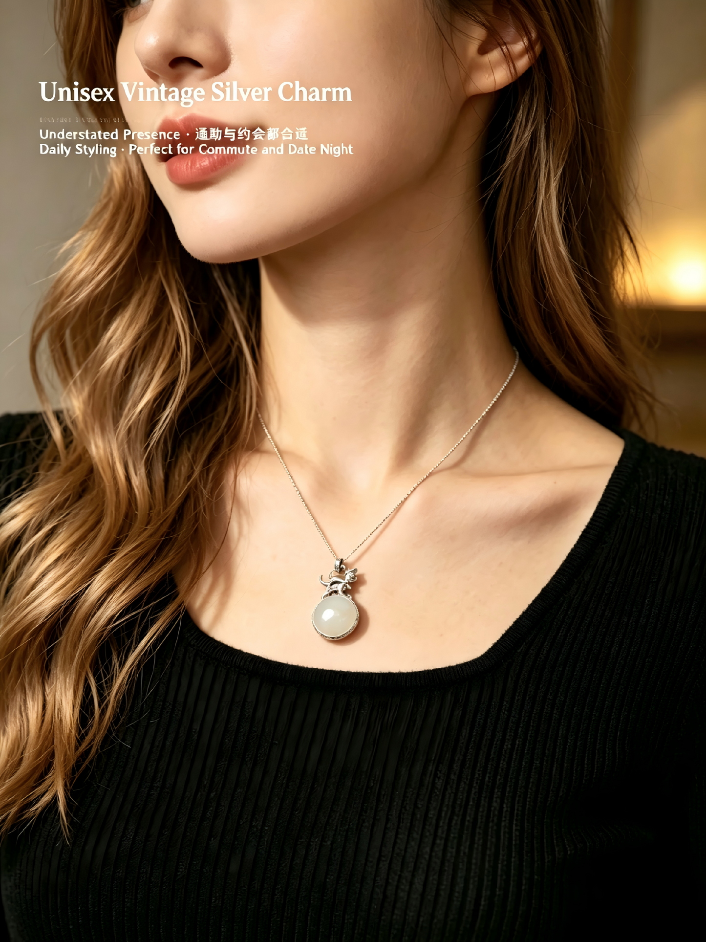 One-of-kind Vintage 925 Sterling Silver Wizard Cat Pendant Necklace | Natural Iridescent Gemstone Hand Bezel Set Witchy Jewelry