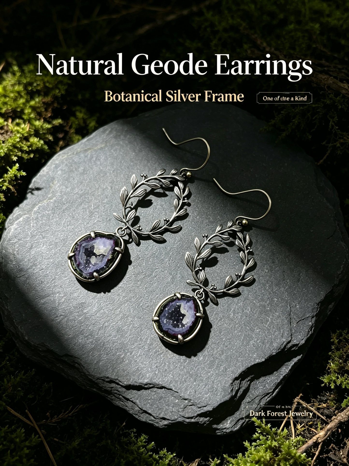 Vintage Leaf Wreath Natural Geode Drop Earrings, 925 Sterling Silver Setting, One of a Kind Crystal Jewelry