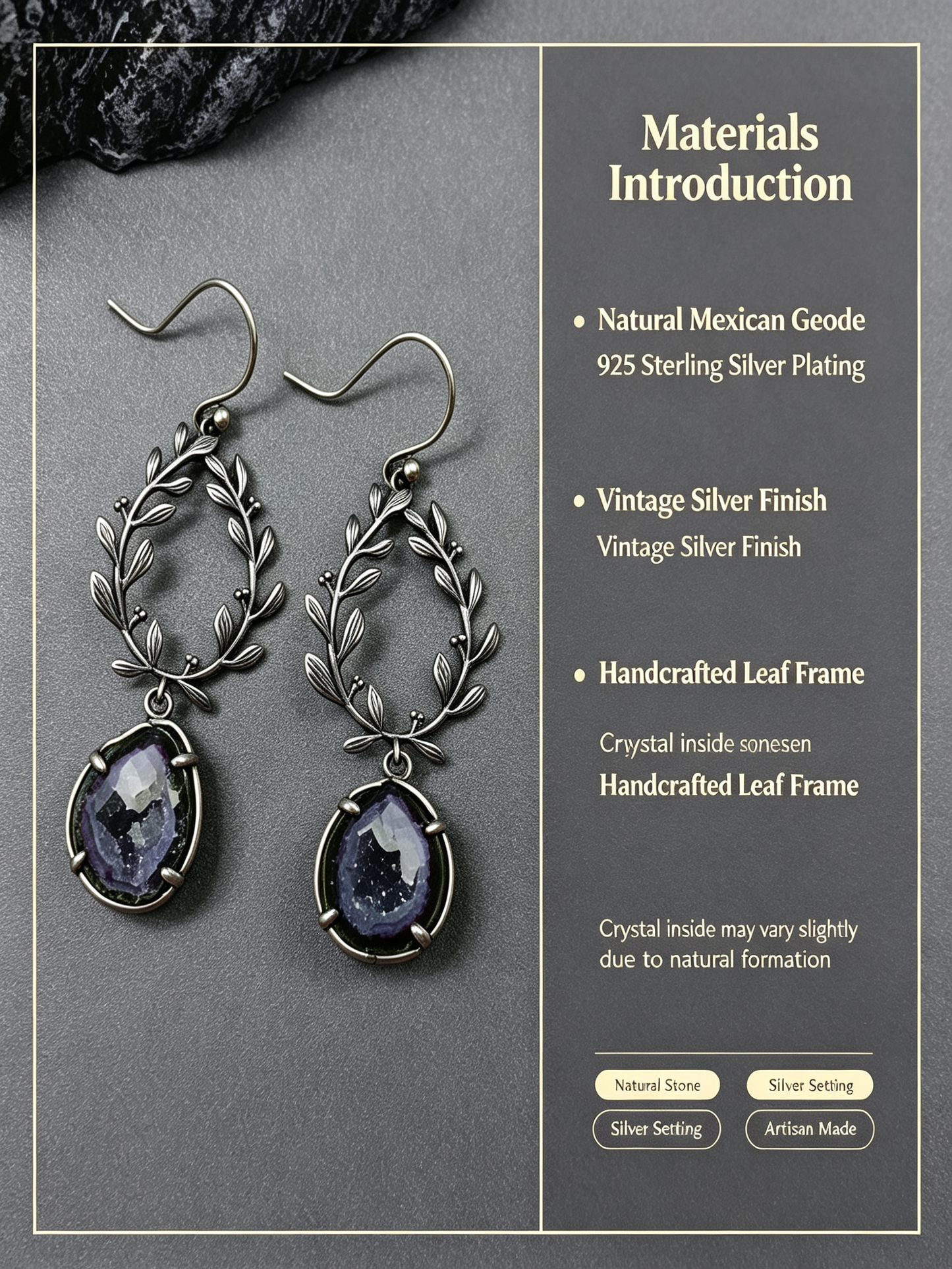 Vintage Leaf Wreath Natural Geode Drop Earrings, 925 Sterling Silver Setting, One of a Kind Crystal Jewelry